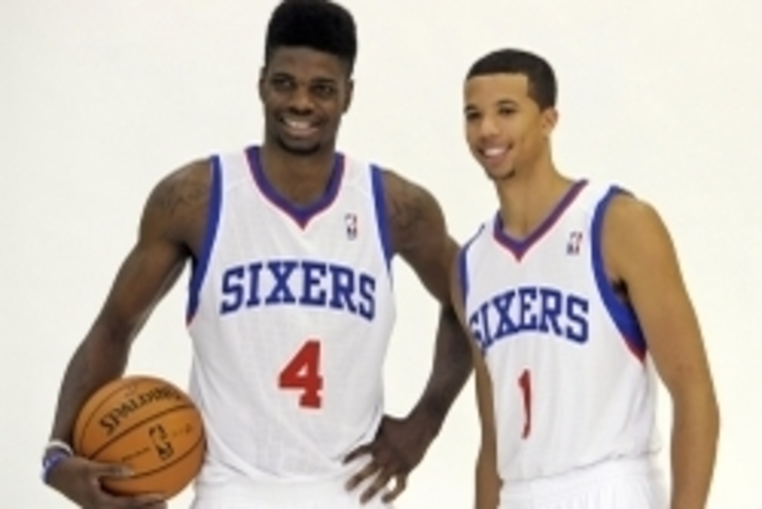 Sep 27, 2013; Philadelphia, PA, USA;  Philadelphia 76ers center Nerlens Noel (4) and point guard Michael Carter-Williams (1) during a media day photo shoot at Philadelphia College of Osteopathic Medicine. Mandatory Credit: Eric Hartline-USA TODAY Sports