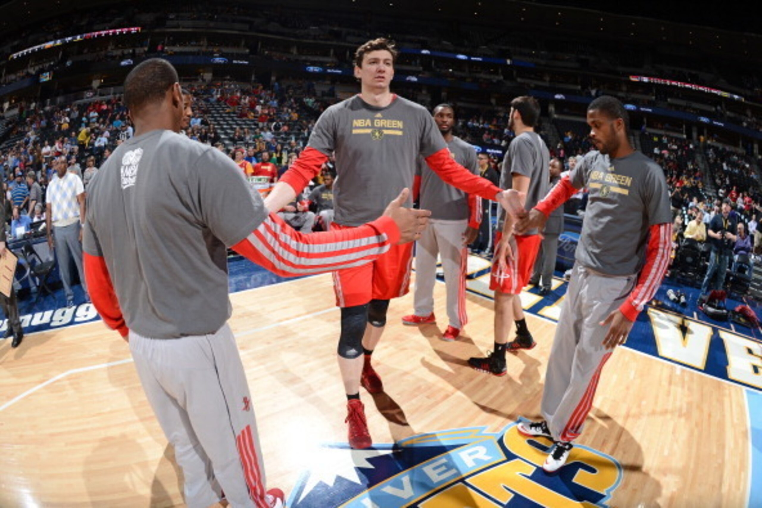 DENVER, CO - APRIL 9: Omer Asik #3 of the Houston Rockets enters the court before the game against the Denver Nuggets on April 9, 2014 at the Pepsi Center in Denver, Colorado. NOTE TO USER: User expressly acknowledges and agrees that, by downloading and/o