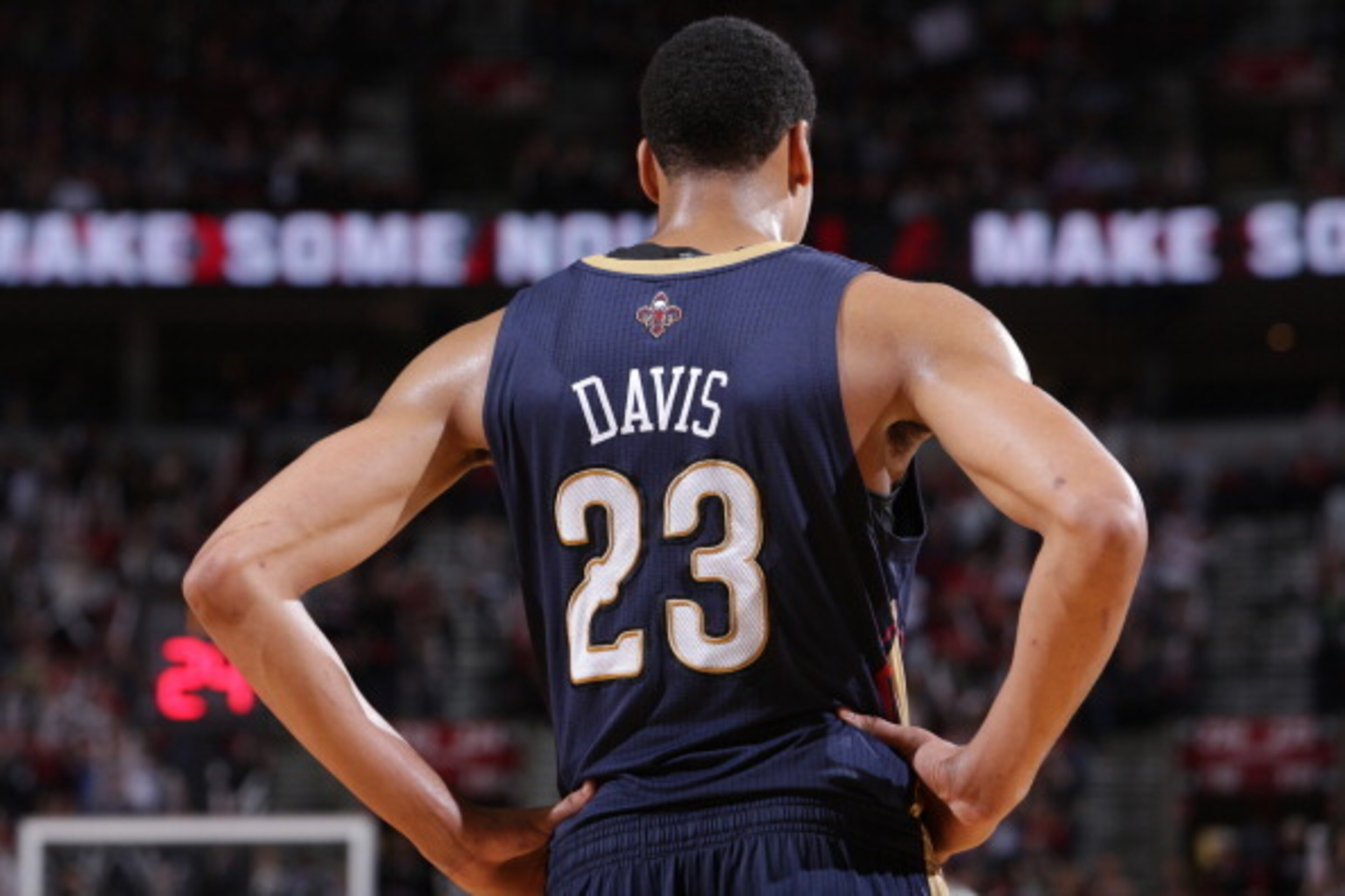 PORTLAND, OR - APRIL 6:  A close up shot of Anthony Davis #23 of the New Orleans Pelicans during the game against the Portland Trail Blazers on April 6, 2014 at the Moda Center Arena in Portland, Oregon. NOTE TO USER: User expressly acknowledges and agree
