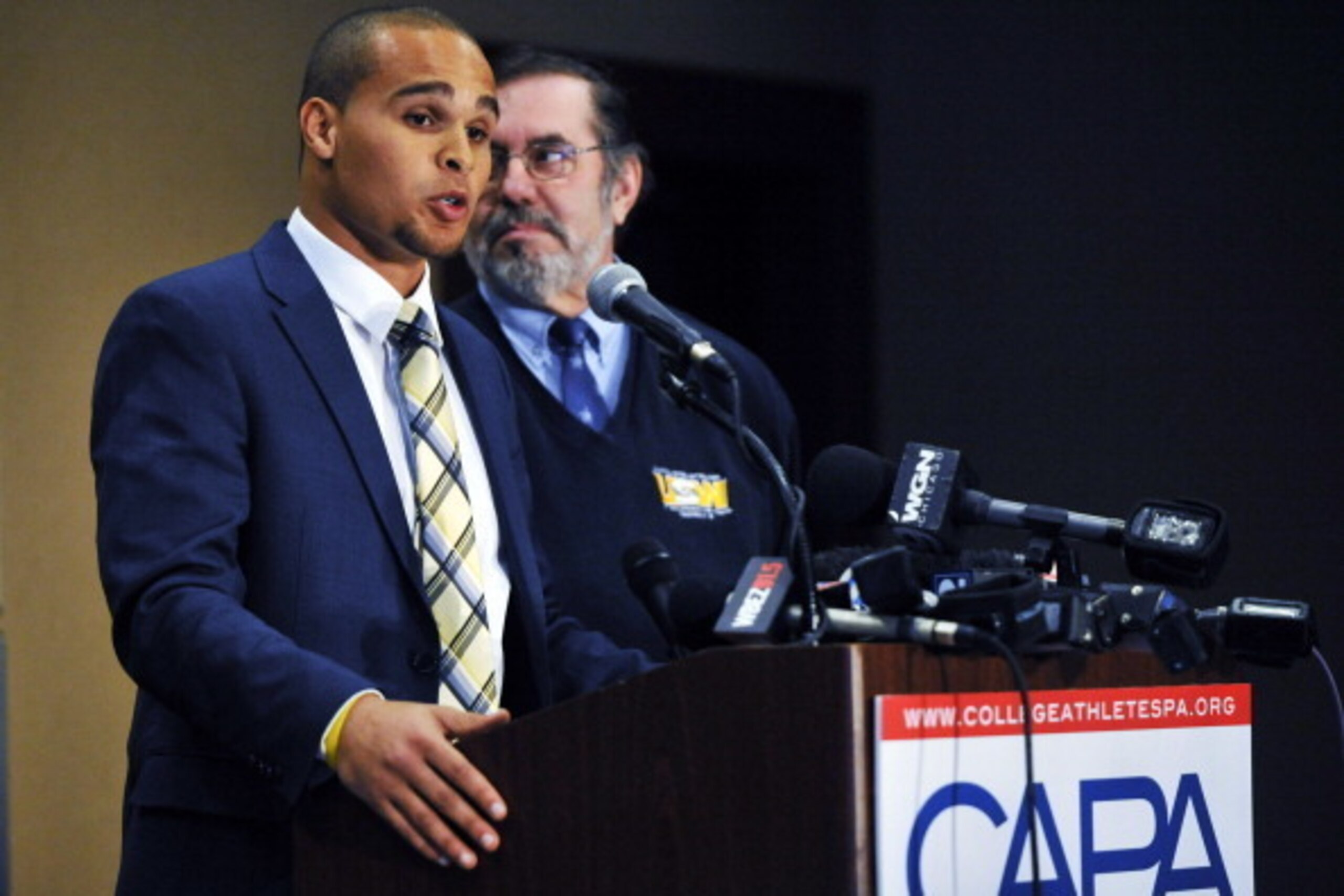 CHICAGO IL - JANUARY 28:  Leo W. Gerard, President of the Steelworkers, (R) and Northwestern quarterback Kain Colter answer questions at a press conference on January 28 2014 at  The Hyatt Regency Hotel in Chicago Illinois. Citing what they deem as the NC