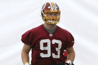 ASHBURN, VA - MAY 17:  Trent Murphy #93 works out during Washington Redskins rookie minicamp at Redskins Park on May 17, 2014 in Ashburn, Virginia.  (Photo by Mark Wilson/Getty Images)
