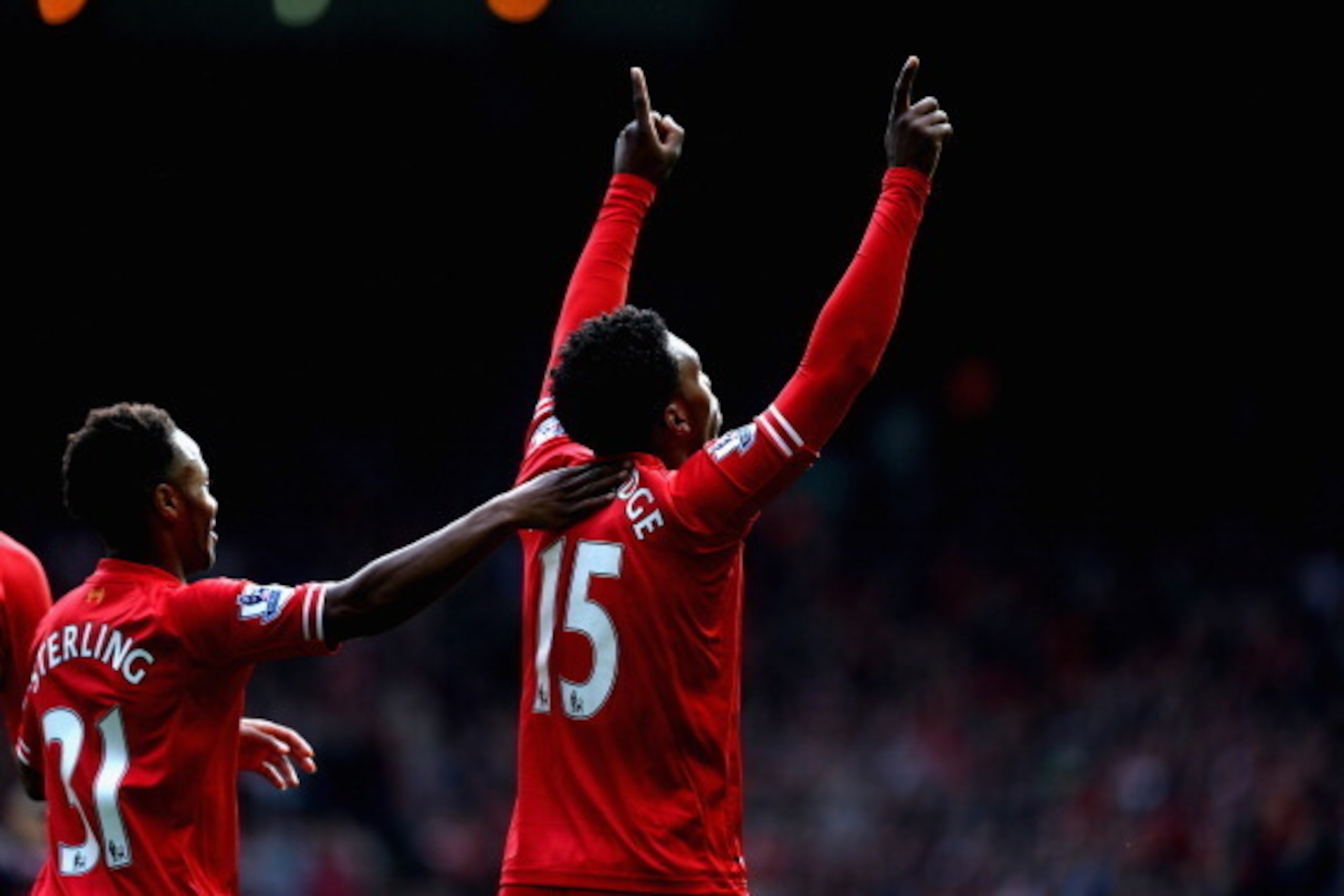 LIVERPOOL, ENGLAND - OCTOBER 05: Daniel Sturridge of Liverpool celebrates with Raheem Sterling after scoring the second goal during the Barclays Premier League match between Liverpool and Crystal Palace at Anfield on October 5, 2013 in Liverpool, England LIVERPOOL, ENGLAND - OCTOBER 05: Daniel Sturridge of Liverpool celebrates with Raheem Sterling after scoring the second goal during the Barclays Premier League match between Liverpool and Crystal Palace at Anfield on October 5, 2013 in Liverpool, England
