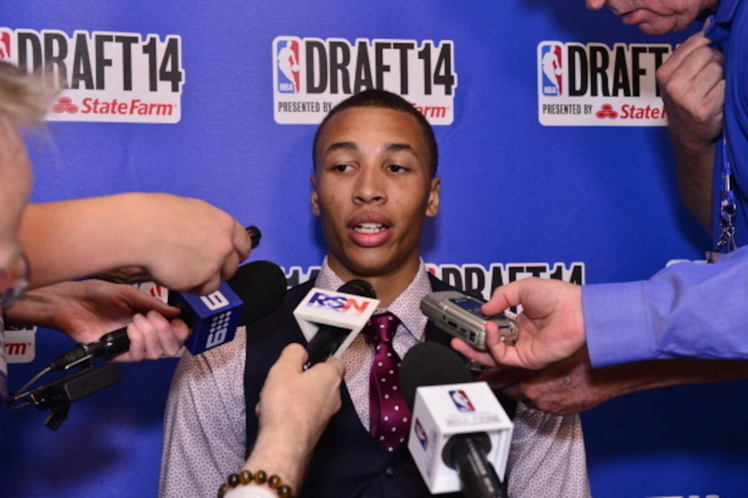 NEW YORK - JUNE 25: NBA Draft Prospect Dante Exum,  speaks to the media during media availability as part of the 2014 NBA Draft on June 25, 2014 at the Westin Times Square in New York City. NOTE TO USER: User expressly acknowledges and agrees that, by dow