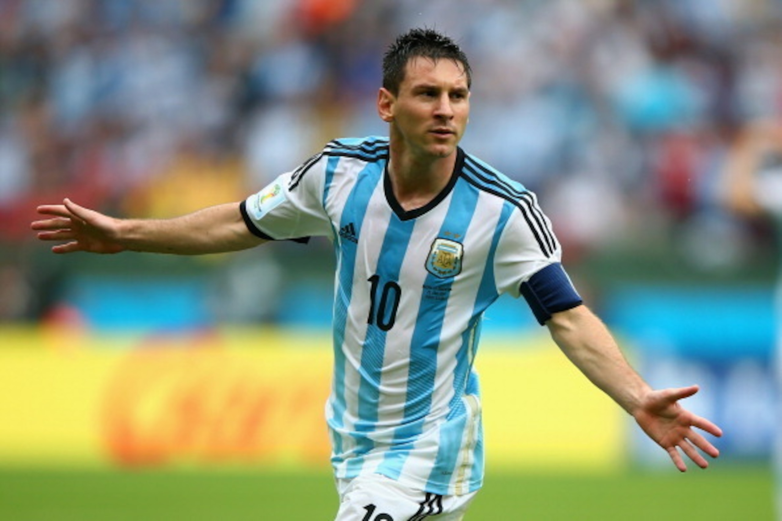 PORTO ALEGRE, BRAZIL - JUNE 25:  Lionel Messi of Argentina celebrates scoring his team's second goal and his second of the game during the 2014 FIFA World Cup Brazil Group F match between Nigeria and Argentina at Estadio Beira-Rio on June 25, 2014 in Port