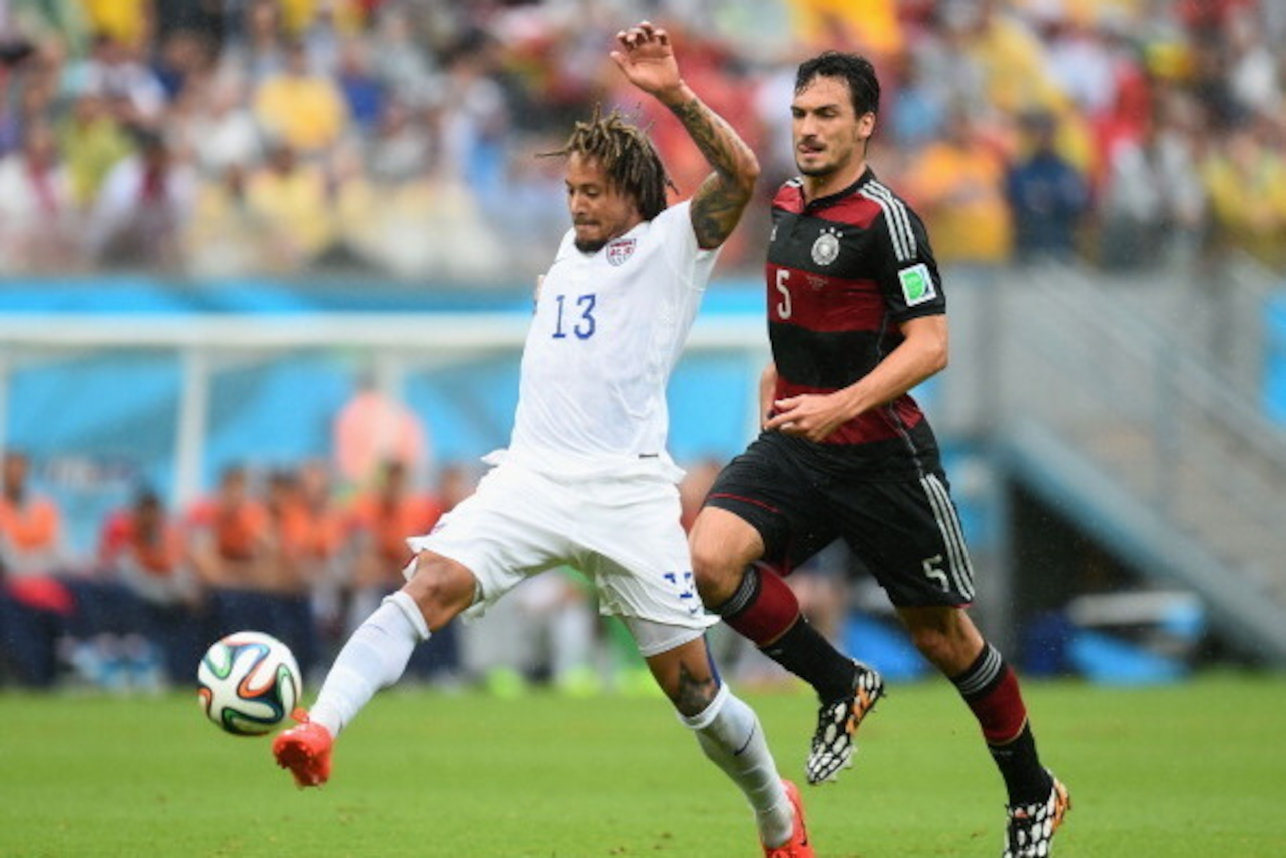 RECIFE, BRAZIL - JUNE 26:  Jermaine Jones of the United States controls the ball against Mats Hummels of Germany during the 2014 FIFA World Cup Brazil group G match between the United States and Germany at Arena Pernambuco on June 26, 2014 in Recife, Braz