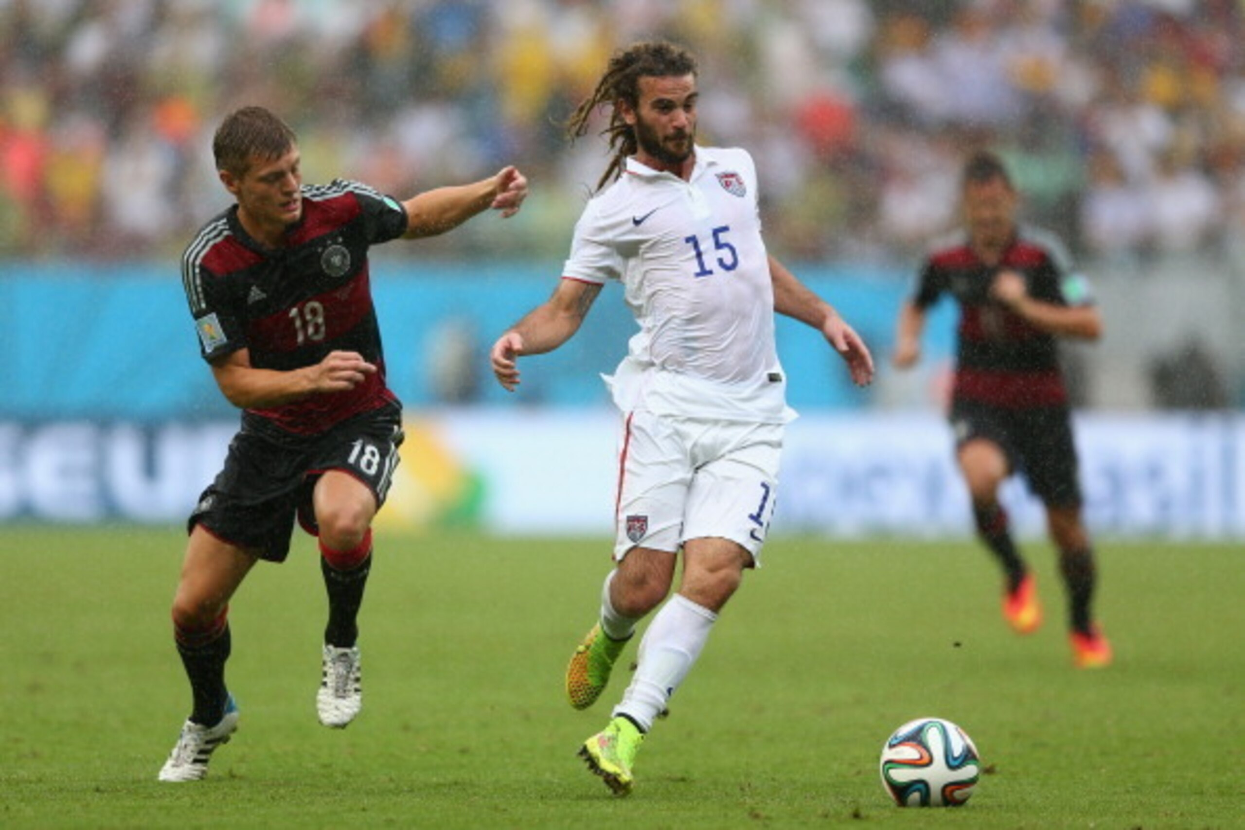 RECIFE, BRAZIL - JUNE 26: Kyle Beckerman (R) of USA is challenged by Toni Kroos of Germany during the 2014 FIFA World Cup Brazil Group G match between USA and Germany at Arena Pernambuco on June 26, 2014 in Recife, Brazil. (Photo by Michael Steele/Getty RECIFE, BRAZIL - JUNE 26: Kyle Beckerman (R) of USA is challenged by Toni Kroos of Germany during the 2014 FIFA World Cup Brazil Group G match between USA and Germany at Arena Pernambuco on June 26, 2014 in Recife, Brazil. (Photo by Michael Steele/Getty