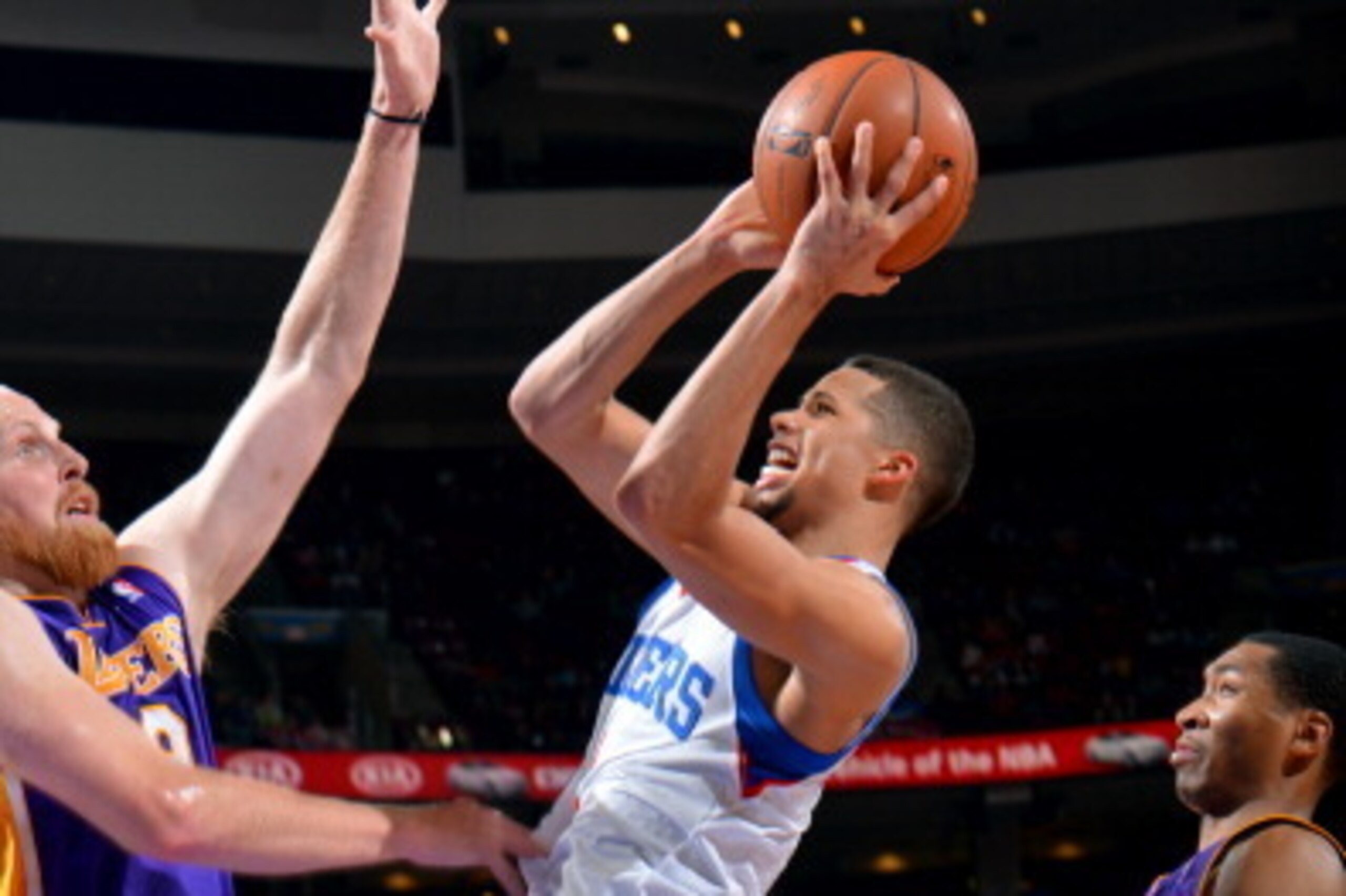 PHILADELPHIA, PA - FEBRUARY 7: Michael Carter-Williams #1 of the Philadelphia 76ers shoots against the Los Angeles Lakers at the Wells Fargo Center on February 7, 2014 in Philadelphia, Pennsylvania. NOTE TO USER: User expressly acknowledges and agrees tha