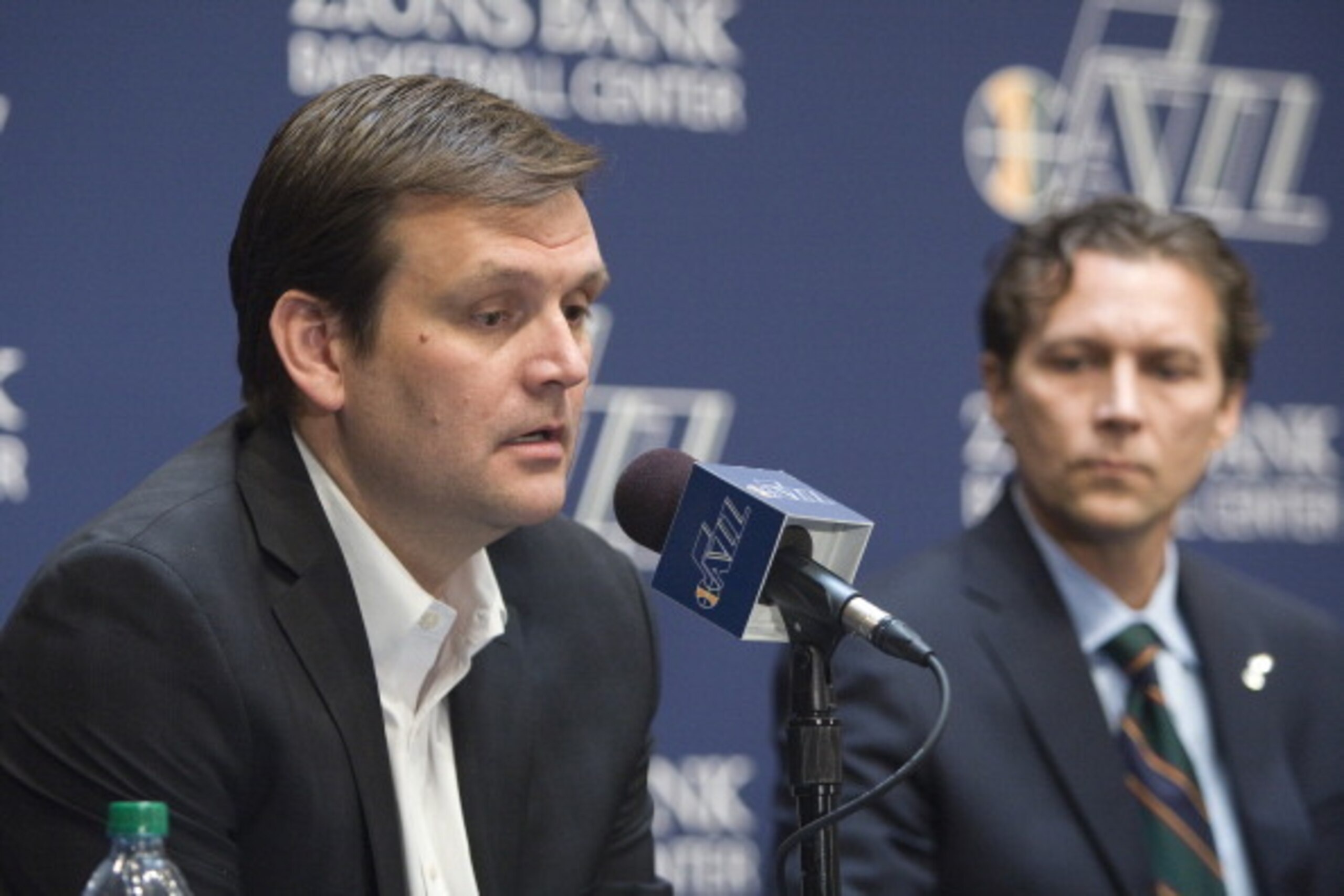 SALT LAKE CITY, UT - JUNE 07:  Dennis Lindsey General Manager of the Utah Jazz speak during a press announcing introducing the new Head Coach Quin Snyder at the Zions Basketball Center on June 07, 2014 in Salt Lake City, Utah. NOTE TO USER: User expressly
