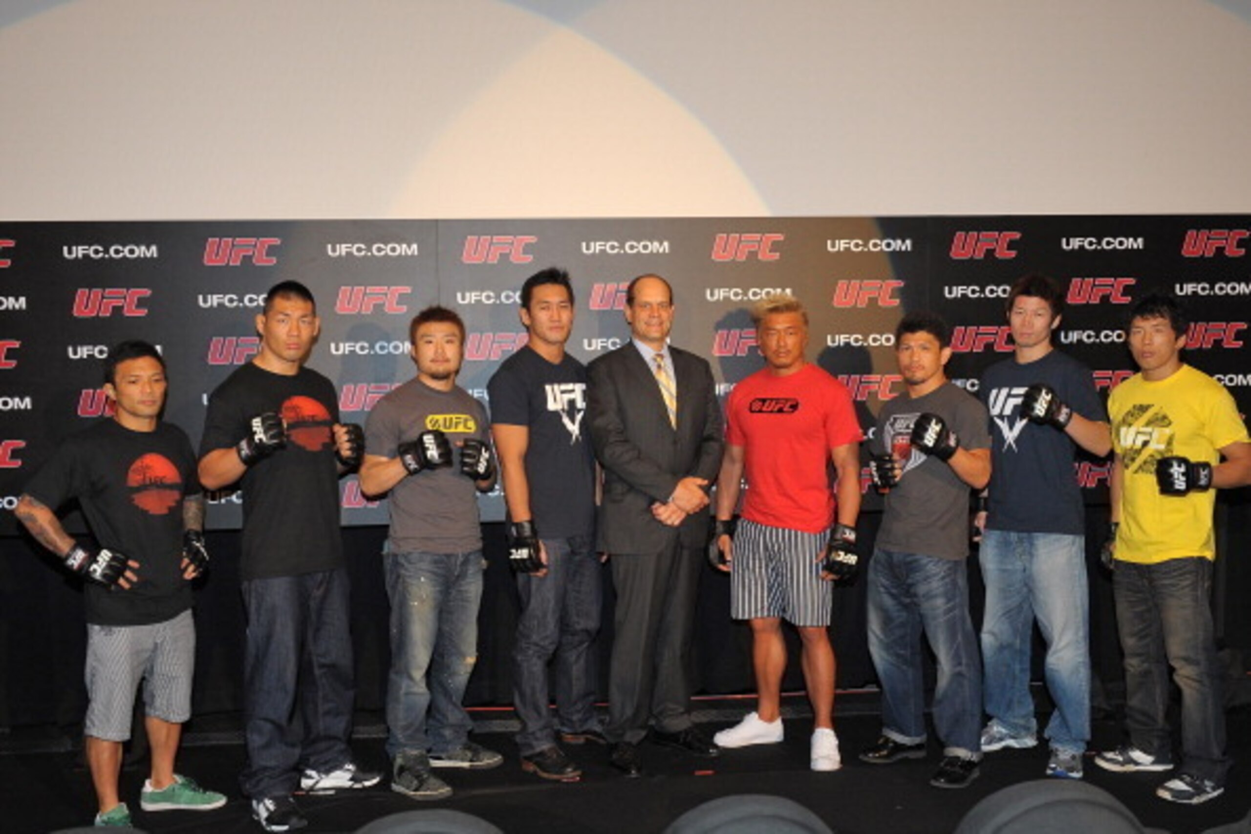 TOKYO, JAPAN - SEPTEMBER 06:  (L-R) Norifumi 'Kid' Yamamoto, Riki Fukuda, Takanori Gomi, Yushin Okami, Head of UFC Asia Marc Fischer, Yoshihiro Akiyama, Michihiro Omigawa, Hatsu Hioki and Takeya Mizugaki attend the UFC press conference at Shinjuku Wald 9 