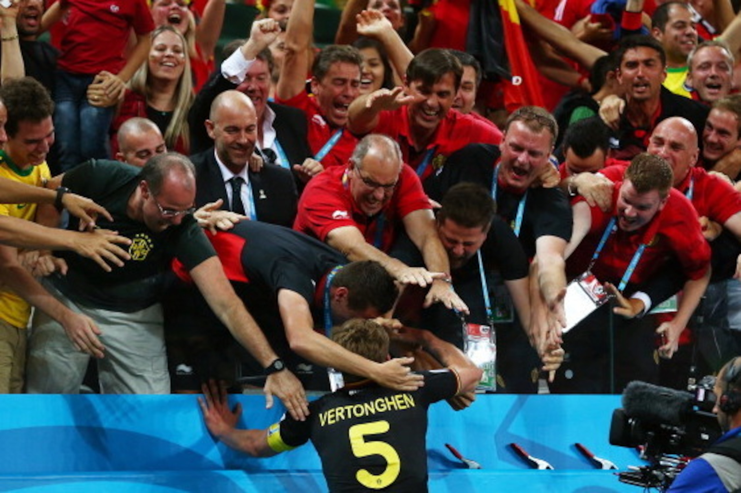 SAO PAULO, BRAZIL - JUNE 26:  Jan Vertonghen of Belgium celebrates scoring his team's first goal during the 2014 FIFA World Cup Brazil Group H match between South Korea and Belgium at Arena de Sao Paulo on June 26, 2014 in Sao Paulo, Brazil.  (Photo by Cl