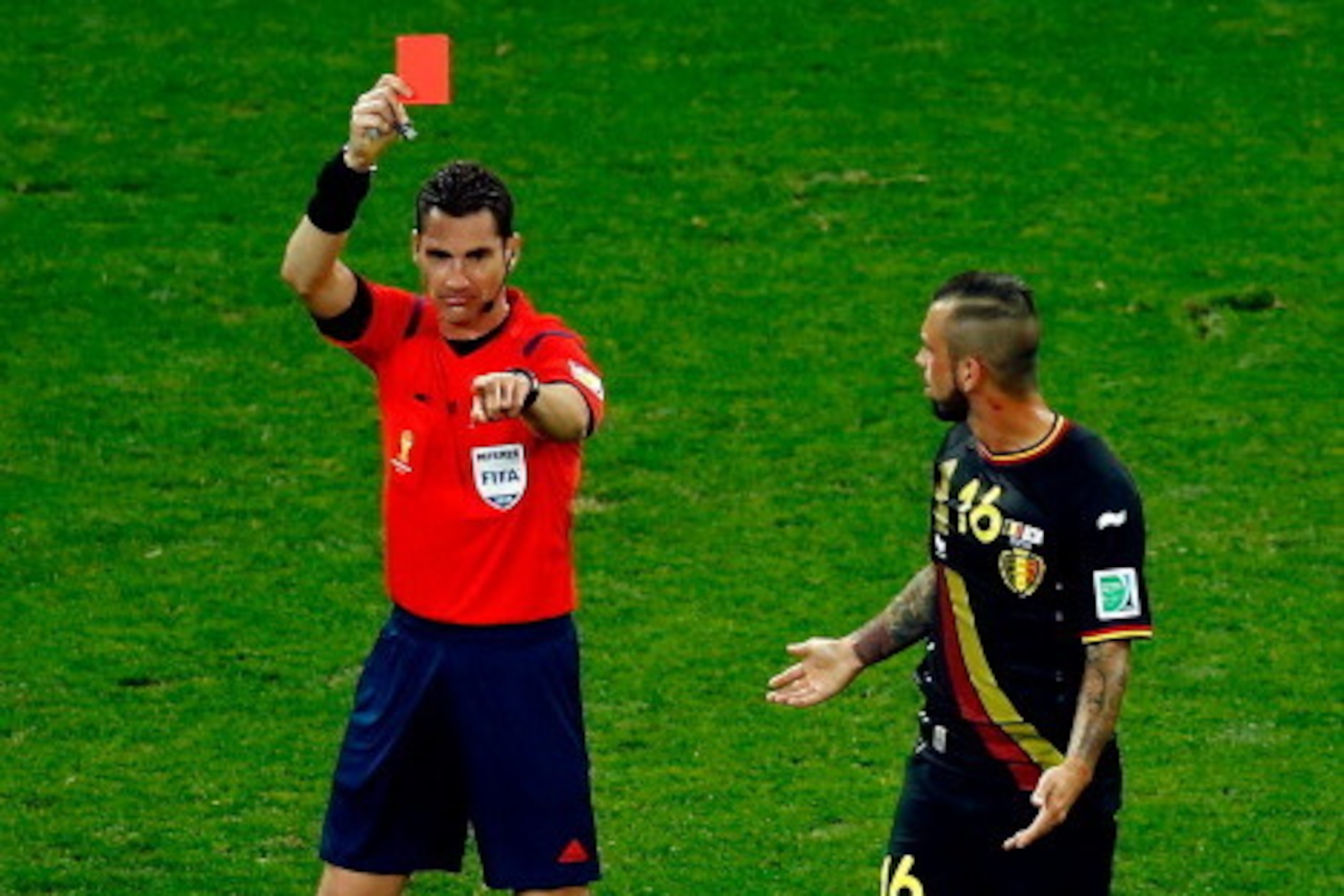 SAO PAULO, BRAZIL - JUNE 26:  Referee Benjamin Williams shows a red card to Steven Defour of Belgium  during the 2014 FIFA World Cup Brazil Group H match between South Korea and Belgium at Arena de Sao Paulo on June 26, 2014 in Sao Paulo, Brazil.  (Photo 