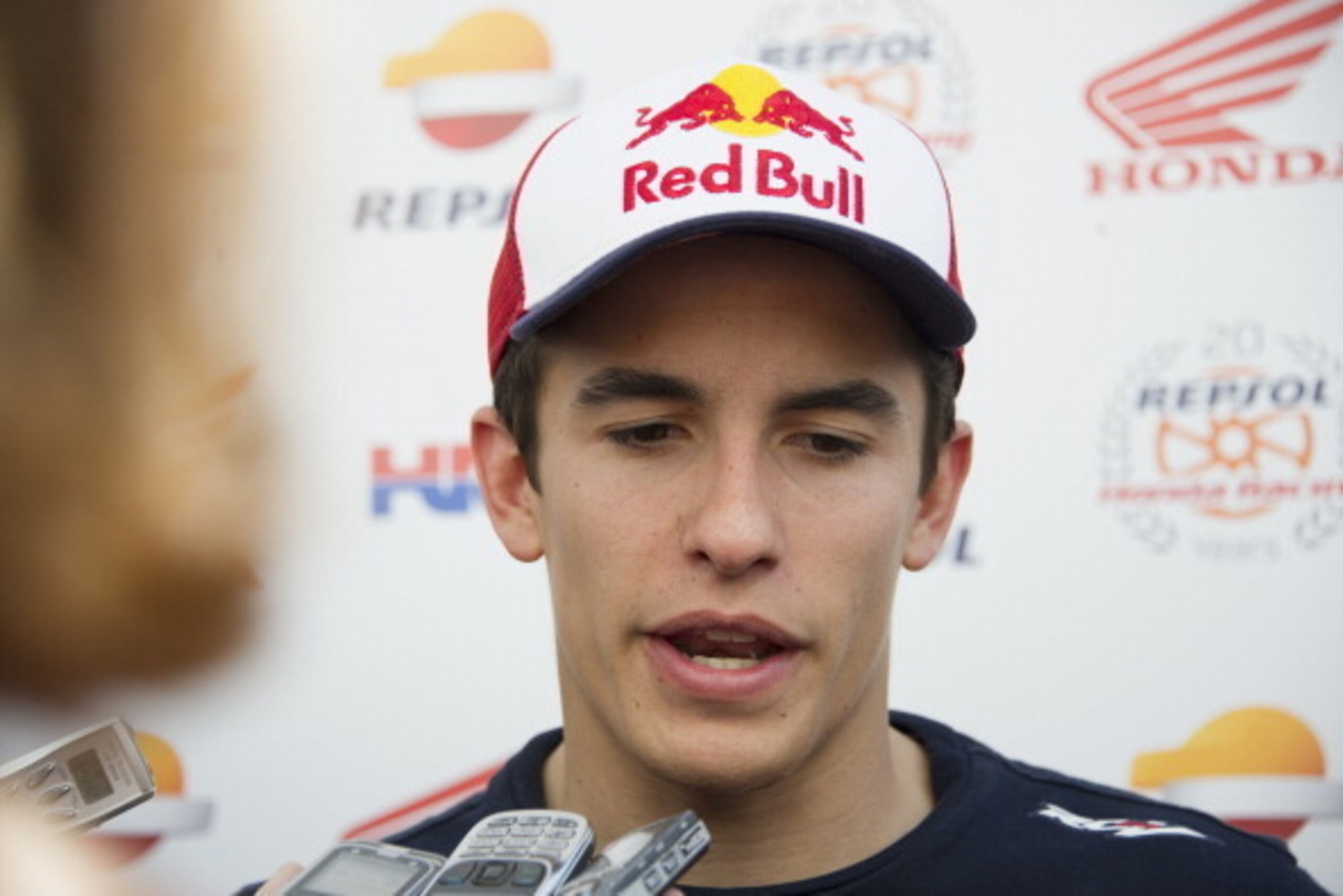 MONTMELO, SPAIN - JUNE 16: Marc Marquez of Spain and Repsol Honda Team speaks with journalists at the end of the MotoGp Tests In Montmelo at Circuit de Catalunya on June 16, 2014 in Montmelo, Spain. (Photo by Mirco Lazzari gp/Getty Images) MONTMELO, SPAIN - JUNE 16: Marc Marquez of Spain and Repsol Honda Team speaks with journalists at the end of the MotoGp Tests In Montmelo at Circuit de Catalunya on June 16, 2014 in Montmelo, Spain. (Photo by Mirco Lazzari gp/Getty Images)