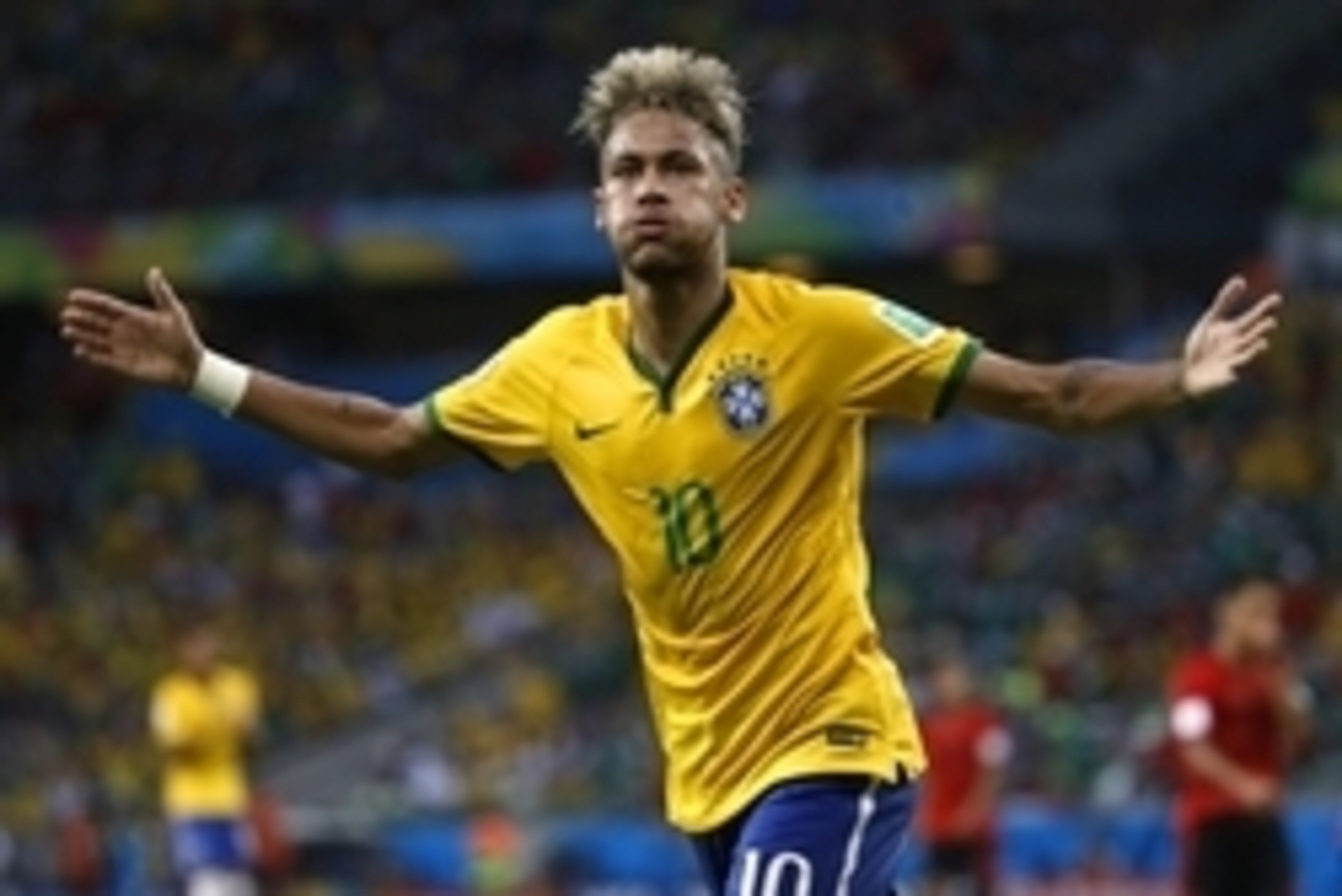 Jun 17, 2014; Fortaleza, Ceara, BRAZIL; Brazil forward Neymar (10) encourages the crowd during the second half of their 0-0 tie with Mexico in a 2014 World Cup game at Estadio Castelao. Mandatory Credit: Winslow Townson-USA TODAY Sports