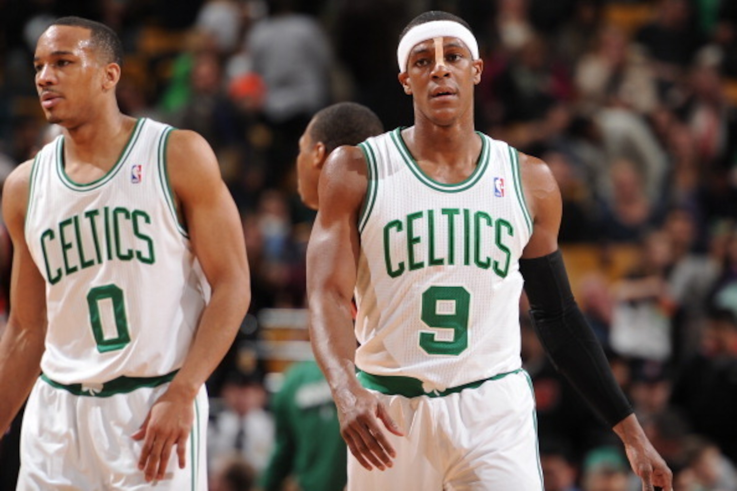 BOSTON, MA - MARCH 26: Avery Bradley #0 and Rajon Rondo #9 of the Boston Celtics against the Toronto Raptors on March 26, 2014 at the TD Garden in Boston, Massachusetts.  NOTE TO USER: User expressly acknowledges and agrees that, by downloading and or usi