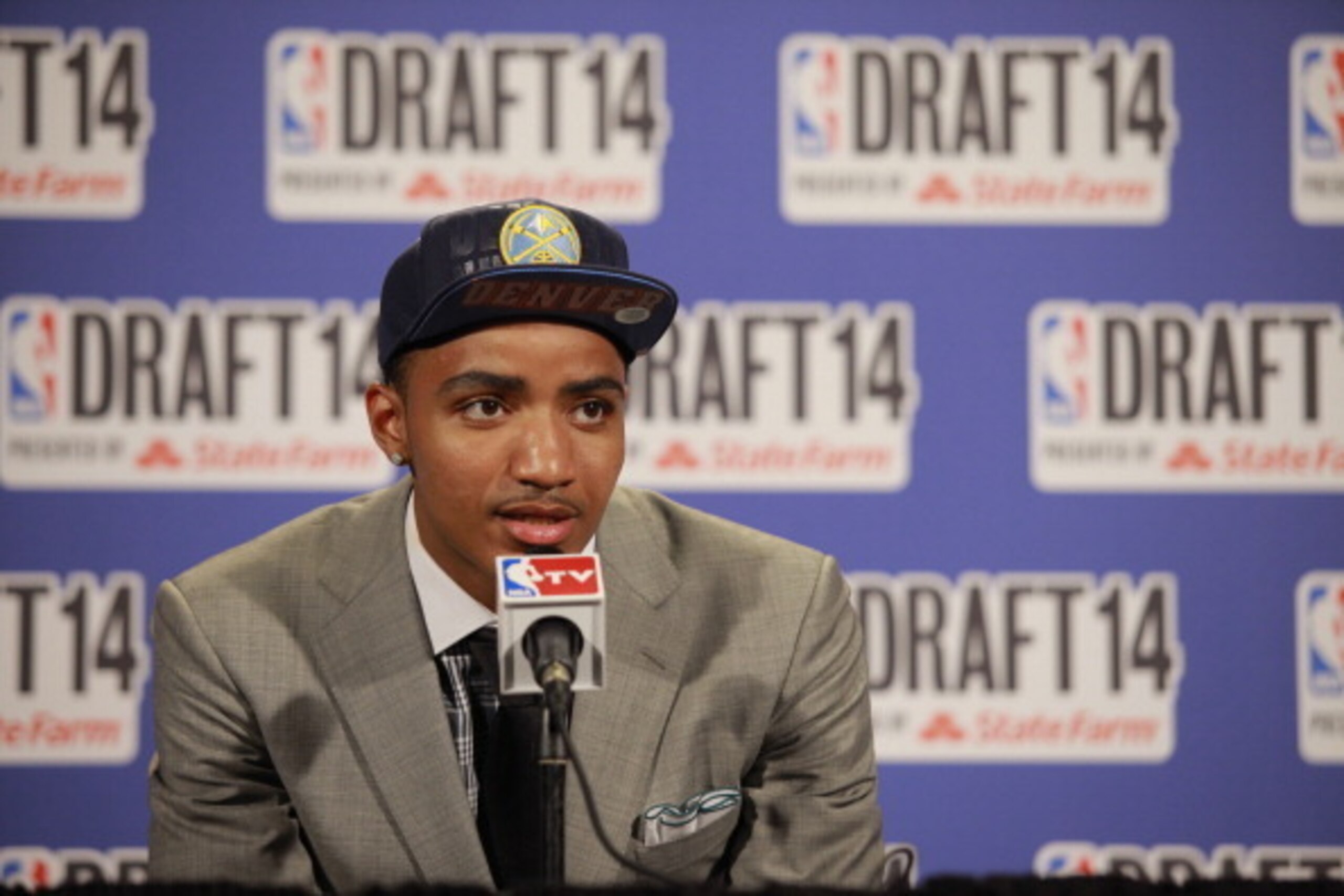 NEW YORK - JUNE 26: Gary Harris addresses the media after being selected 19th overall by the Chicago Bulls later traded to the Denver Nuggets during the 2014 NBA Draft on June 26, 2014 at the Barclays Center in Brooklyn, New York. NOTE TO USER: User expre