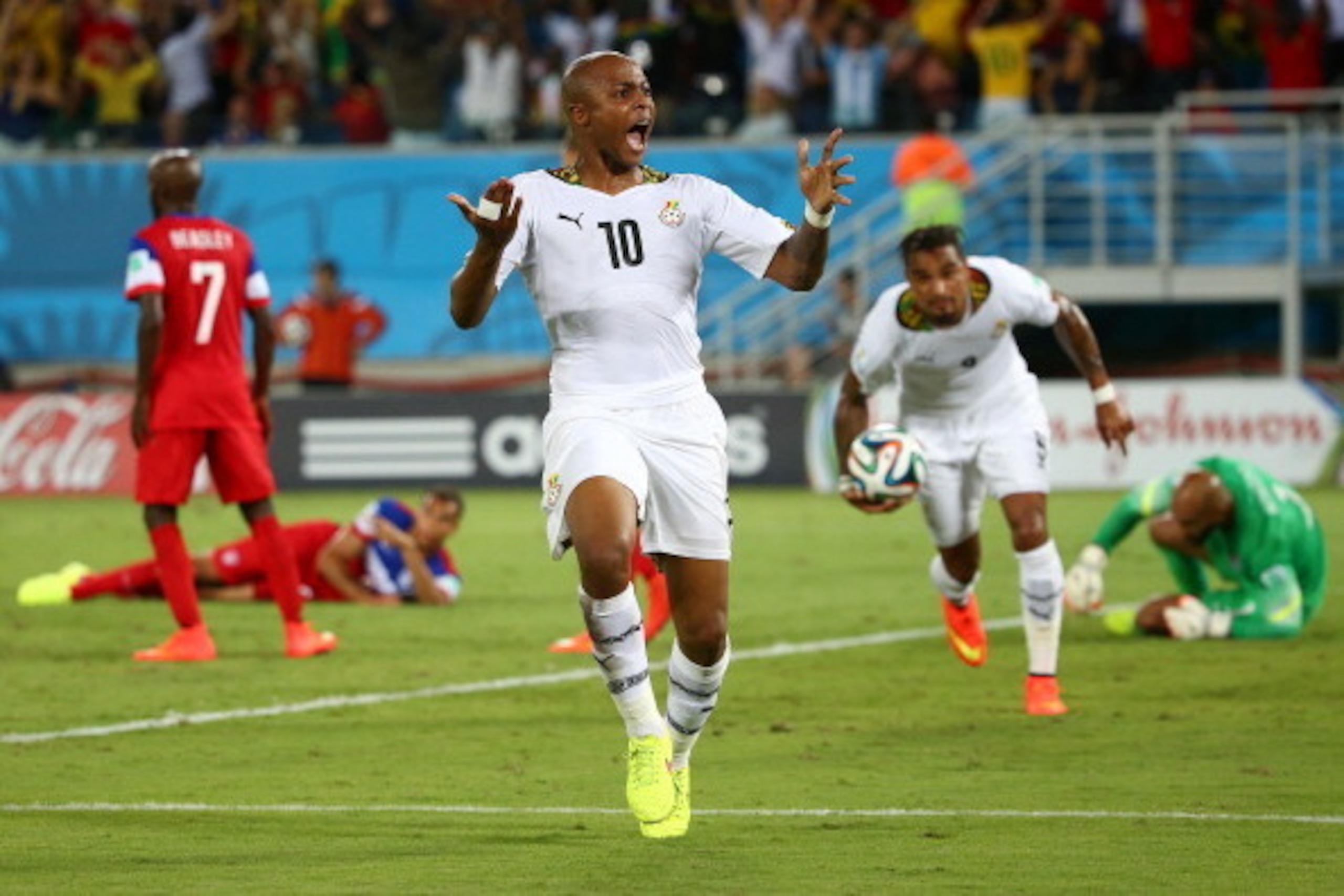 NATAL, BRAZIL - JUNE 16: Andre Ayew of Ghana celebrates after scoring his team's first goal during the 2014 FIFA World Cup Brazil Group G match between Ghana and the United States at Estadio das Dunas on June 16, 2014 in Natal, Brazil. (Photo by Robert NATAL, BRAZIL - JUNE 16: Andre Ayew of Ghana celebrates after scoring his team's first goal during the 2014 FIFA World Cup Brazil Group G match between Ghana and the United States at Estadio das Dunas on June 16, 2014 in Natal, Brazil. (Photo by Robert