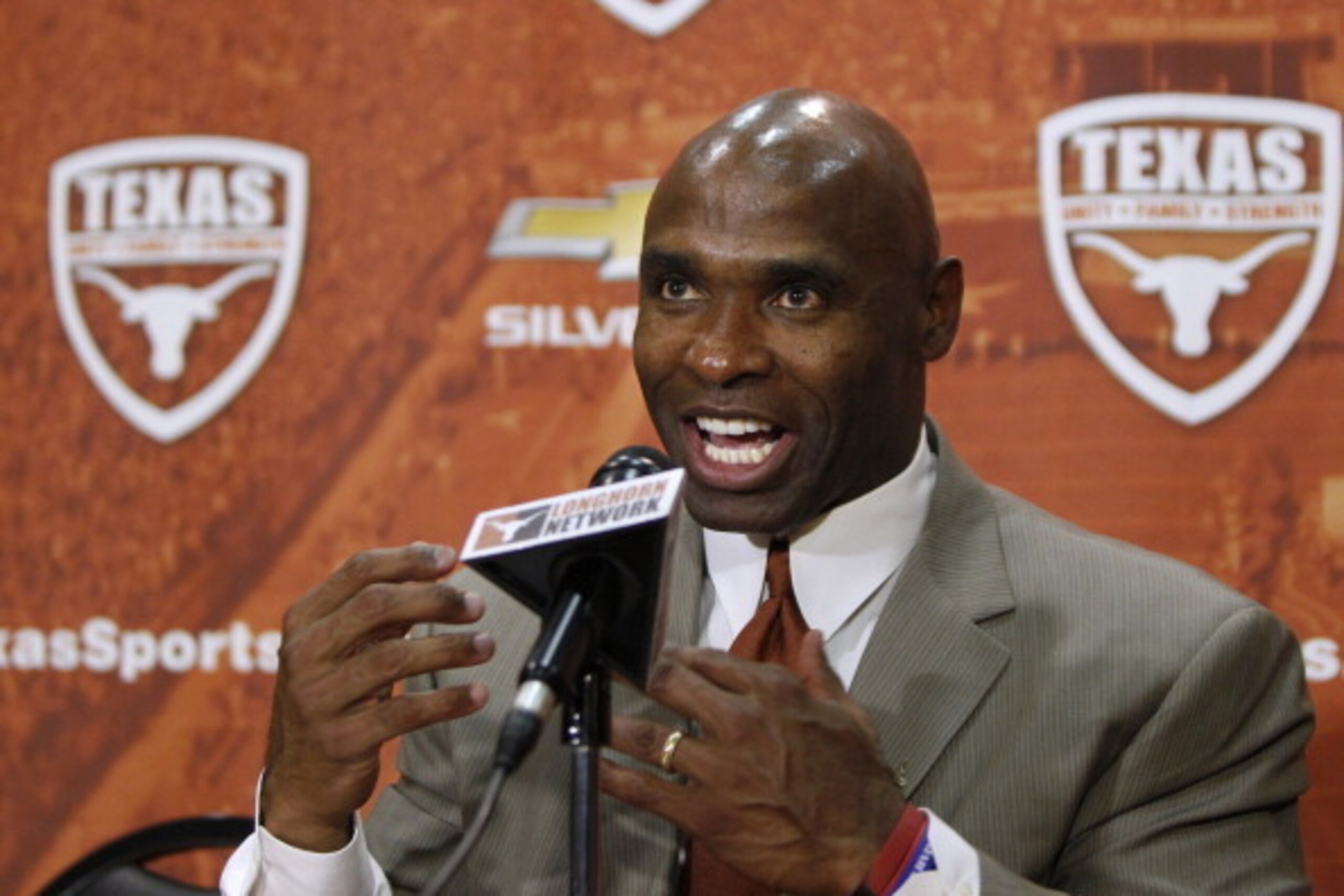 AUSTIN, TX - JANUARY 6: The University of Texas Longhorns new head football coach Charlie Strong from Louisvillespeaks after being introduced during a press conference January 6, 2014 at Darrell K. Royal-Texas Memorial Stadium in Austin, Texas. (Photo by AUSTIN, TX - JANUARY 6: The University of Texas Longhorns new head football coach Charlie Strong from Louisvillespeaks after being introduced during a press conference January 6, 2014 at Darrell K. Royal-Texas Memorial Stadium in Austin, Texas. (Photo by