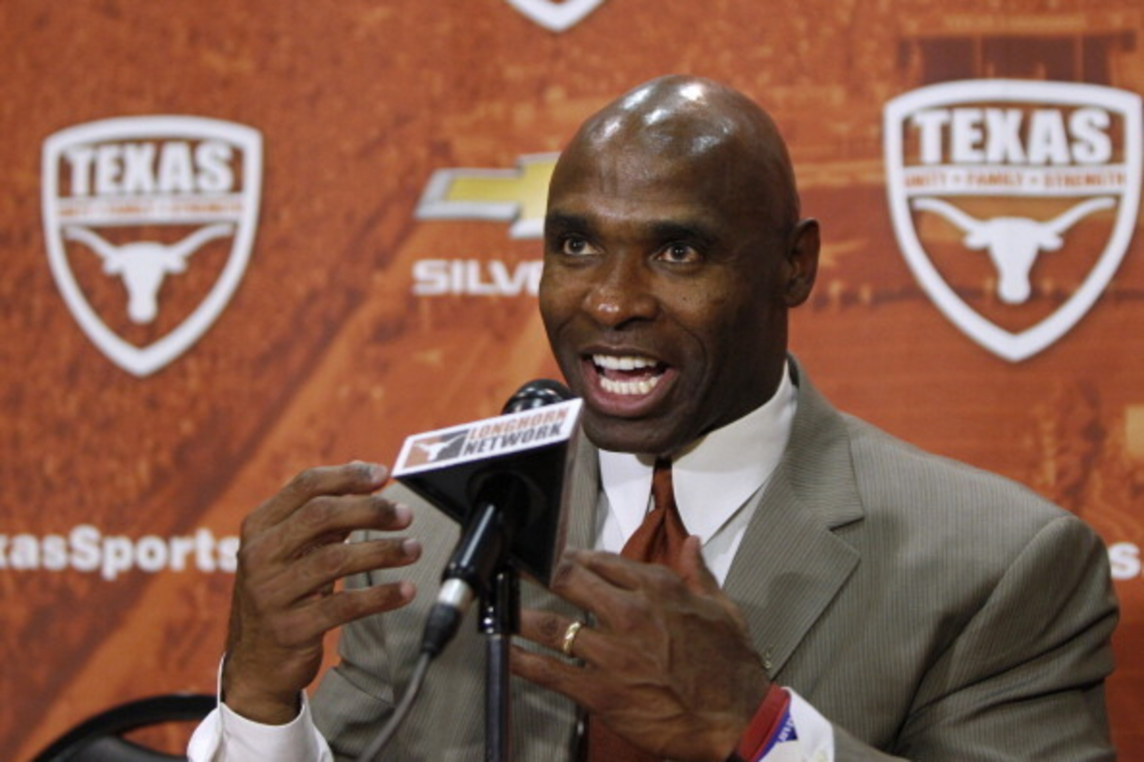 AUSTIN, TX - JANUARY 6: The University of Texas Longhorns new head football coach Charlie Strong from Louisvillespeaks after being introduced during a press conference January 6, 2014 at Darrell K. Royal-Texas Memorial Stadium in Austin, Texas.  (Photo by