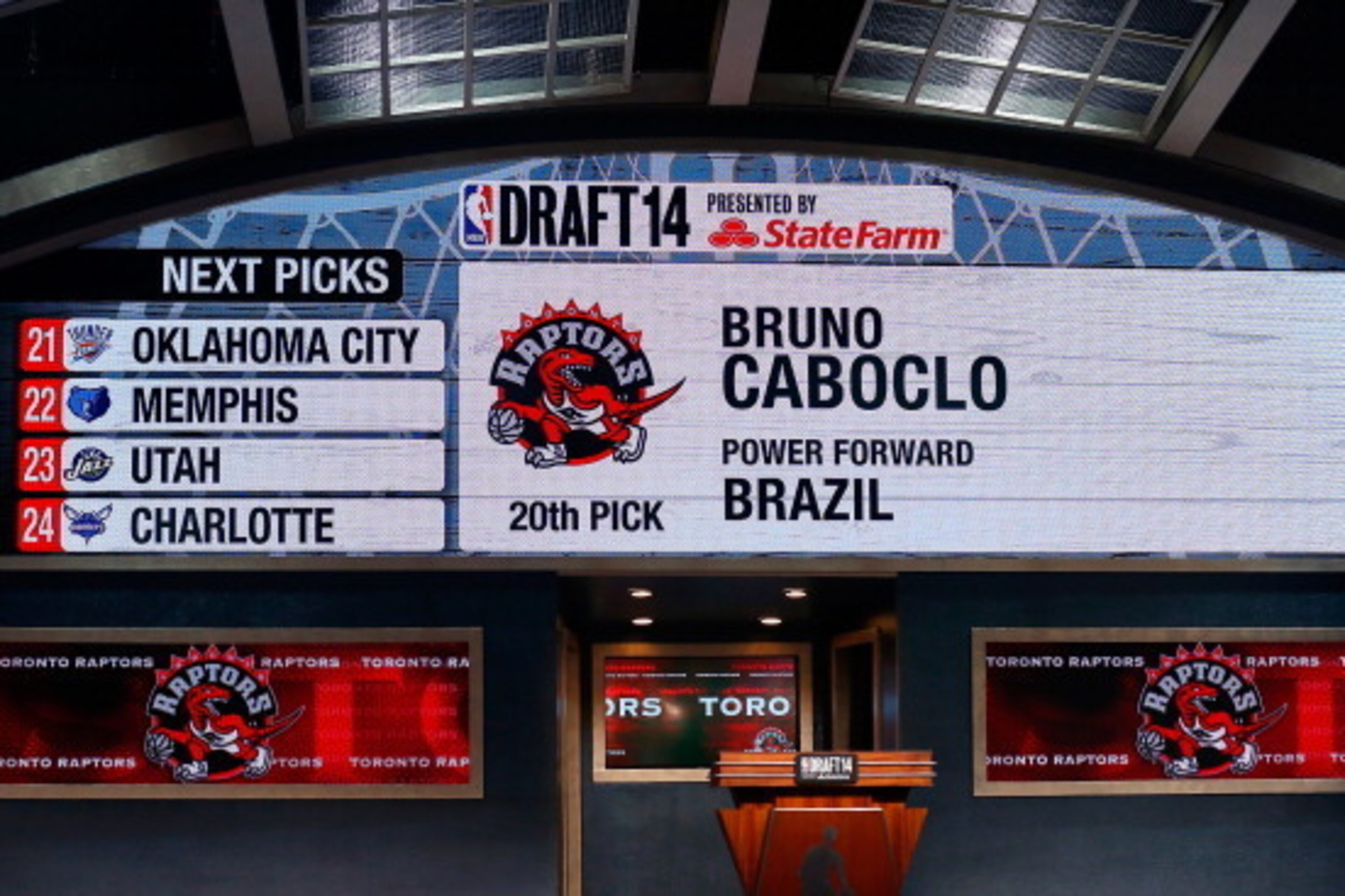 NEW YORK, NY - JUNE 26:  A video screen shows the selection of Bruno Caboclo of Brazil as the #20 overall pick in the first round by the Toronto Rapters during the 2014 NBA Draft at Barclays Center on June 26, 2014 in the Brooklyn borough of New York City
