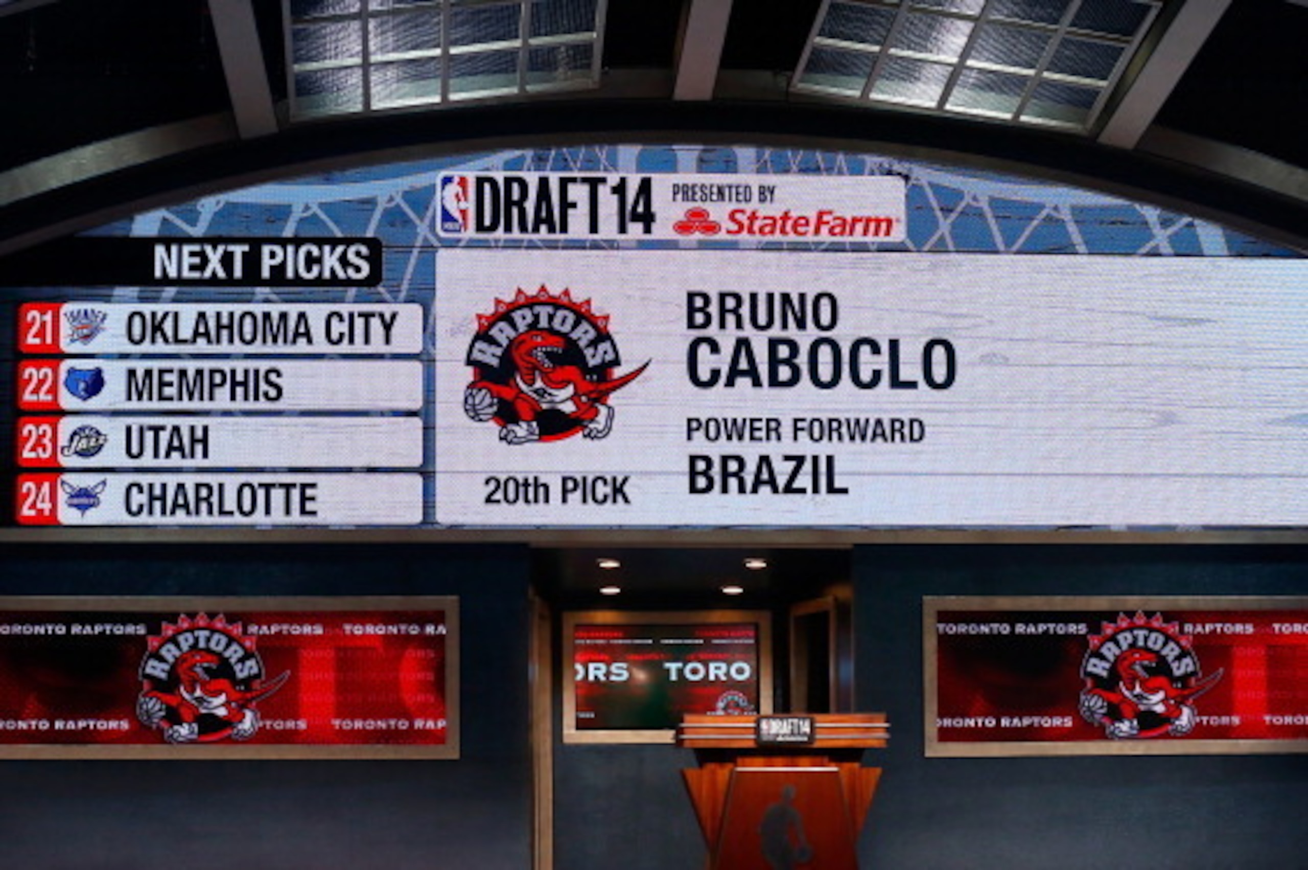 NEW YORK, NY - JUNE 26:  A video screen shows the selection of Bruno Caboclo of Brazil as the #20 overall pick in the first round by the Toronto Rapters during the 2014 NBA Draft at Barclays Center on June 26, 2014 in the Brooklyn borough of New York City