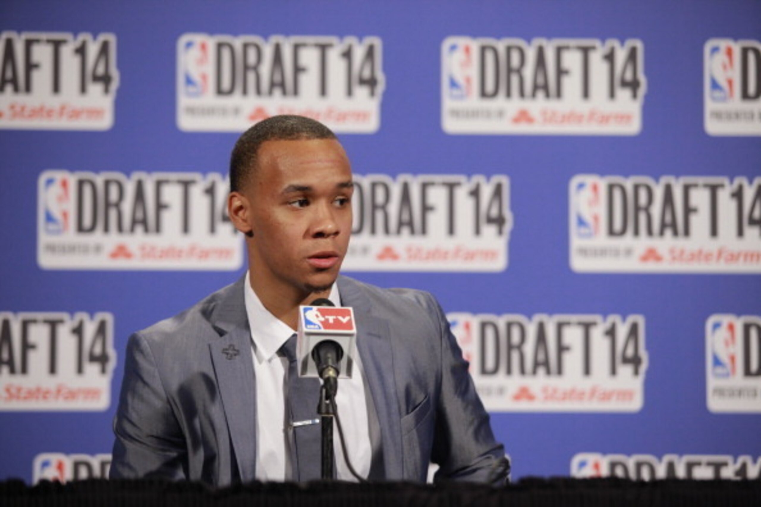 NEW YORK - JUNE 26: Shabazz Napier addresses the media after being selected 24th overall by the Charlotte Hornets during the 2014 NBA Draft on June 26, 2014 at the Barclays Center in Brooklyn, New York. NOTE TO USER: User expressly acknowledges and agrees