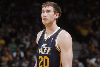 OAKLAND, CA - APRIL 6: Gordon Hayward #20 of the Utah Jazz in a game against the Golden State Warriors on April 6, 2014 at Oracle Arena in Oakland, California. NOTE TO USER: User expressly acknowledges and agrees that, by downloading and or using this pho