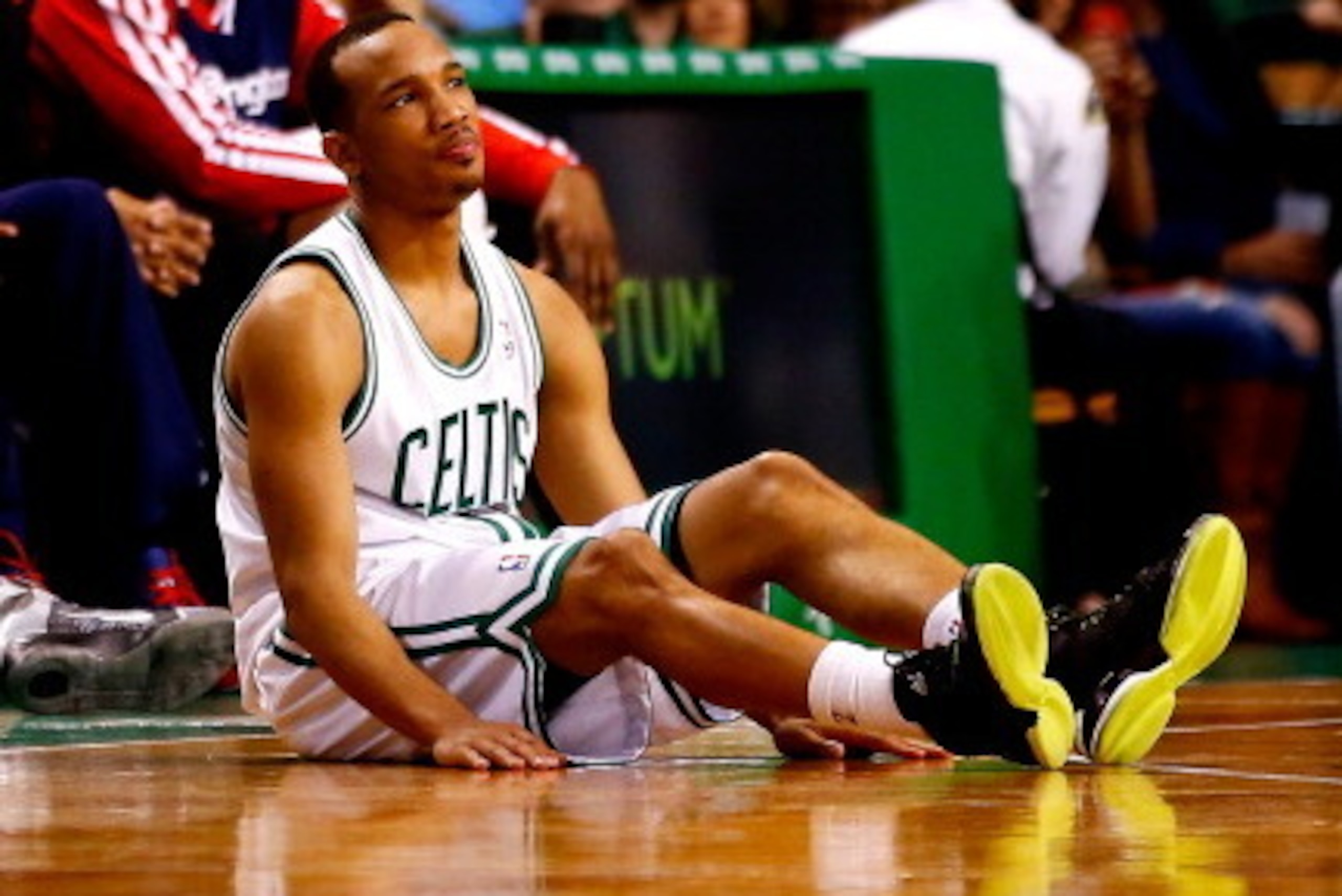 BOSTON, MA - APRIL 16: Avery Bradley #0 of the Boston Celtics sits on the court after losing posession of the ball against the Washington Wizards in the second half during the game at TD Garden on April 16, 2014 in Boston, Massachusetts. NOTE TO USER: Use BOSTON, MA - APRIL 16: Avery Bradley #0 of the Boston Celtics sits on the court after losing posession of the ball against the Washington Wizards in the second half during the game at TD Garden on April 16, 2014 in Boston, Massachusetts. NOTE TO USER: Use
