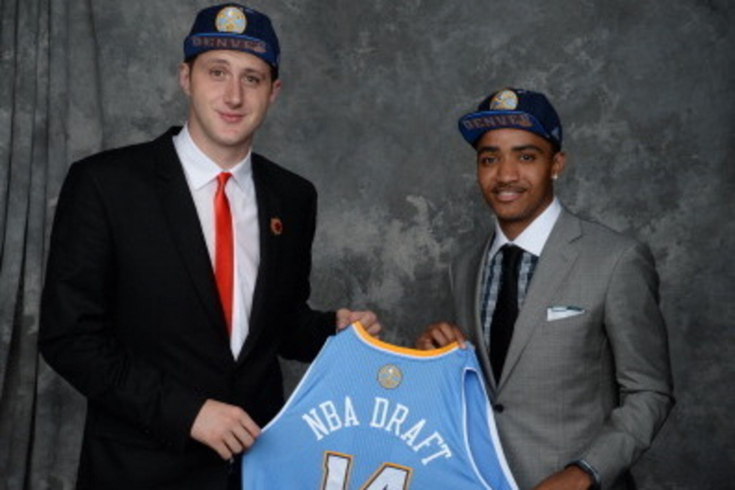 BROOKLYN, NY - JUNE 26:   Jusuf Nurkic and Gary Harris, both aquired via trade by the Denver Nuggets, pose for a portrait during the 2014 NBA Draft at the Barclays Center on June 26, 2014 in the Brooklyn borough of New York City. NOTE TO USER: User expres