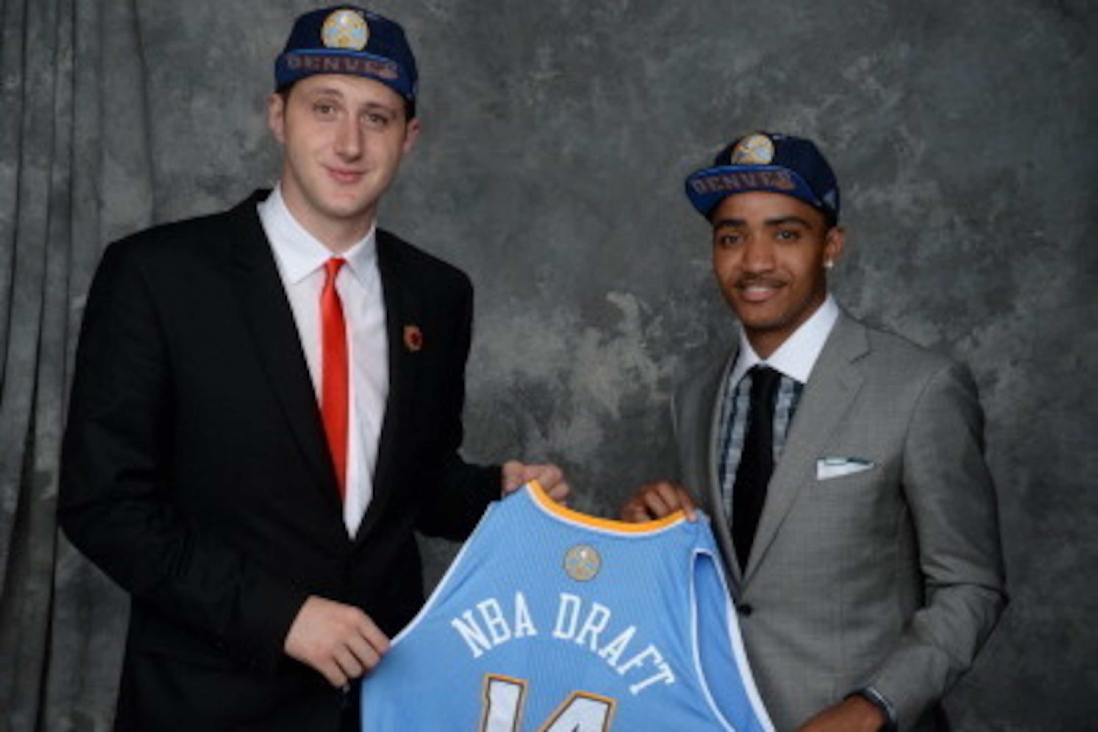 BROOKLYN, NY - JUNE 26:   Jusuf Nurkic and Gary Harris, both aquired via trade by the Denver Nuggets, pose for a portrait during the 2014 NBA Draft at the Barclays Center on June 26, 2014 in the Brooklyn borough of New York City. NOTE TO USER: User expres