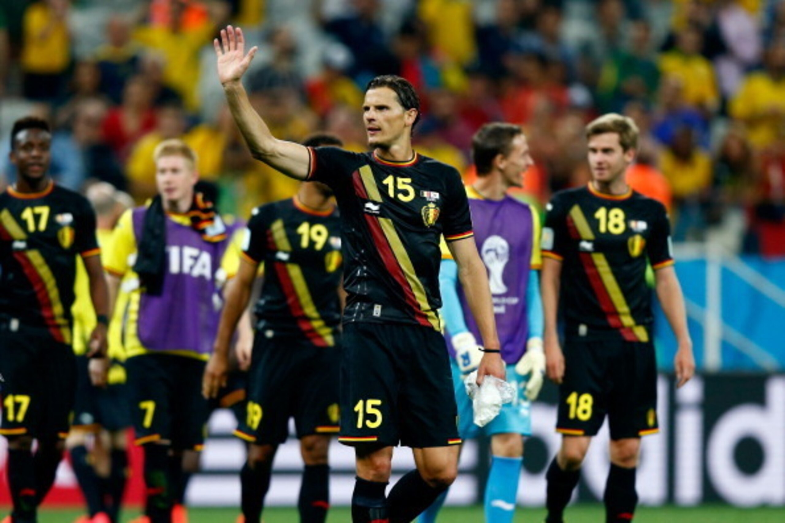 SAO PAULO, BRAZIL - JUNE 26:  Daniel Van Buyten of Belgium acknowledges the fans after a 1-0 victory in the 2014 FIFA World Cup Brazil Group H match between South Korea and Belgium at Arena de Sao Paulo on June 26, 2014 in Sao Paulo, Brazil.  (Photo by Ph