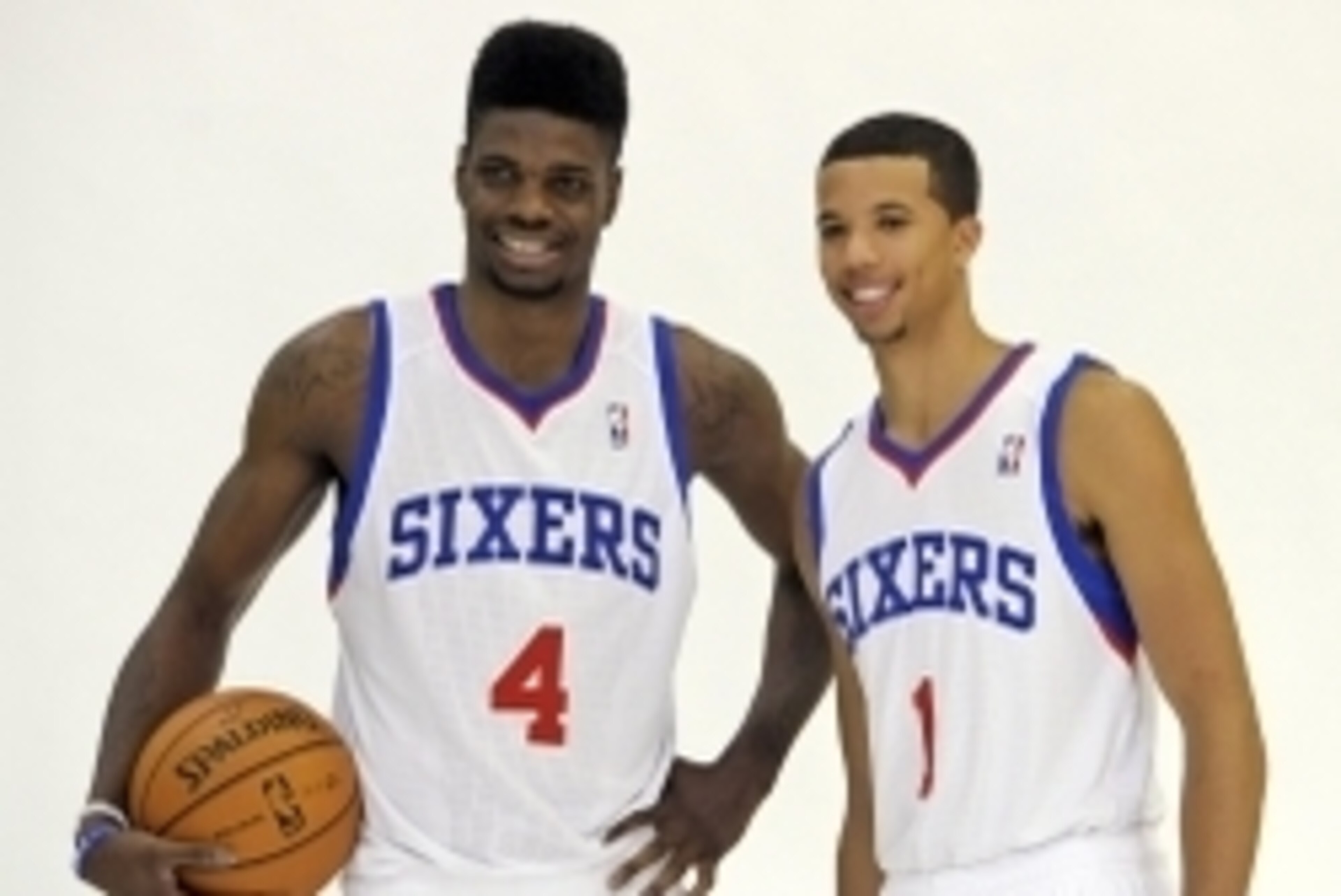 Sep 27, 2013; Philadelphia, PA, USA;  Philadelphia 76ers center Nerlens Noel (4) and point guard Michael Carter-Williams (1) during a media day photo shoot at Philadelphia College of Osteopathic Medicine. Mandatory Credit: Eric Hartline-USA TODAY Sports