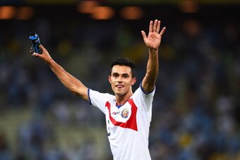 FORTALEZA, BRAZIL - JUNE 14:  Giancarlo Gonzalez of Costa Rica celebrates after defeating Uruguay 3-1 during the 2014 FIFA World Cup Brazil Group D match between Uruguay and Costa Rica at Castelao on June 14, 2014 in Fortaleza, Brazil.  (Photo by Laurence