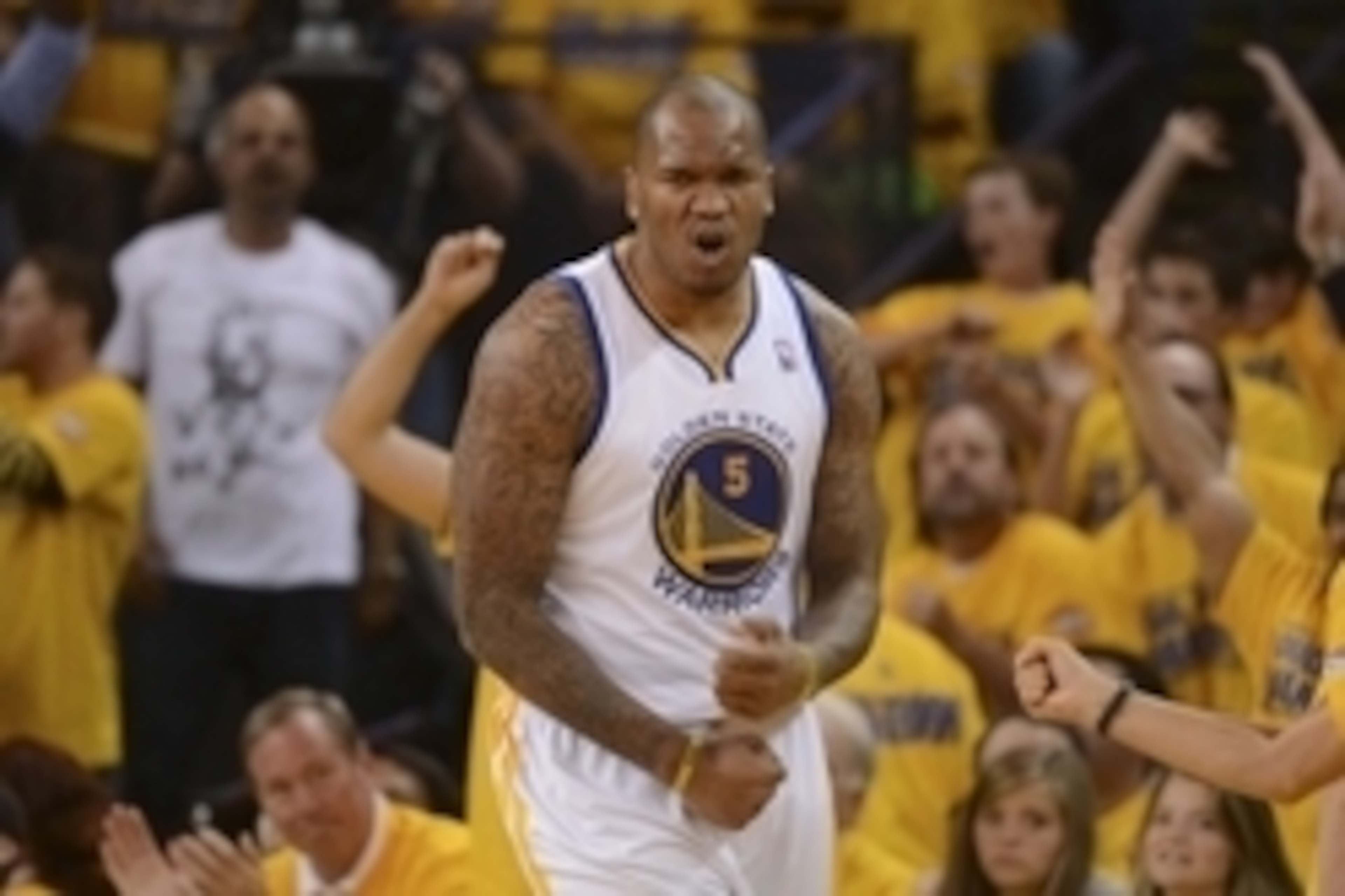 May 1, 2014; Oakland, CA, USA; Golden State Warriors forward Marreese Speights (5) celebrates against the Los Angeles Clippers during the fourth quarter in game six of the first round of the 2014 NBA Playoffs at Oracle Arena. The Warriors defeated the Cli