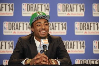 NEW YORK - JUNE 26: James Young addresses the media after being selected 17th overall by the Boston Celtics during the 2014 NBA Draft on June 26, 2014 at the Barclays Center in Brooklyn, New York. NOTE TO USER: User expressly acknowledges and agrees that,