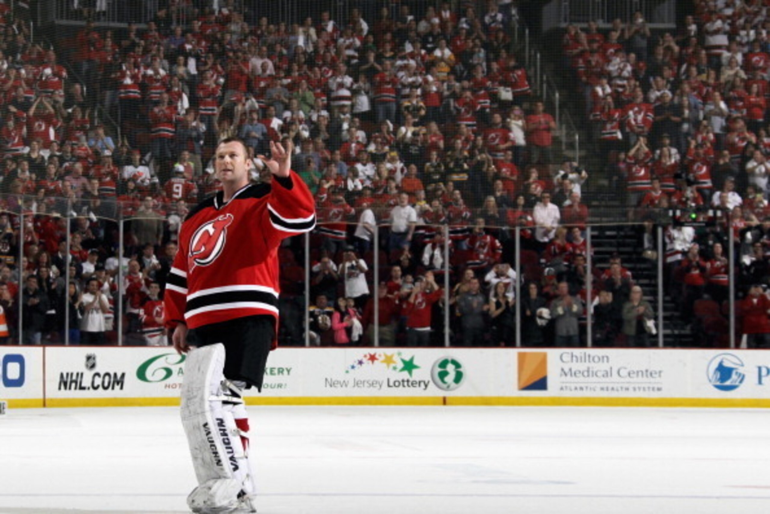 NEWARK, NJ - APRIL 13:  Martin Brodeur #30 of the New Jersey Devils salutes the fan while leaving the ice following a 3-2 victory over the Boston Bruins at the Prudential Center on April 13, 2014 in Newark, New Jersey. There has been speculation that this