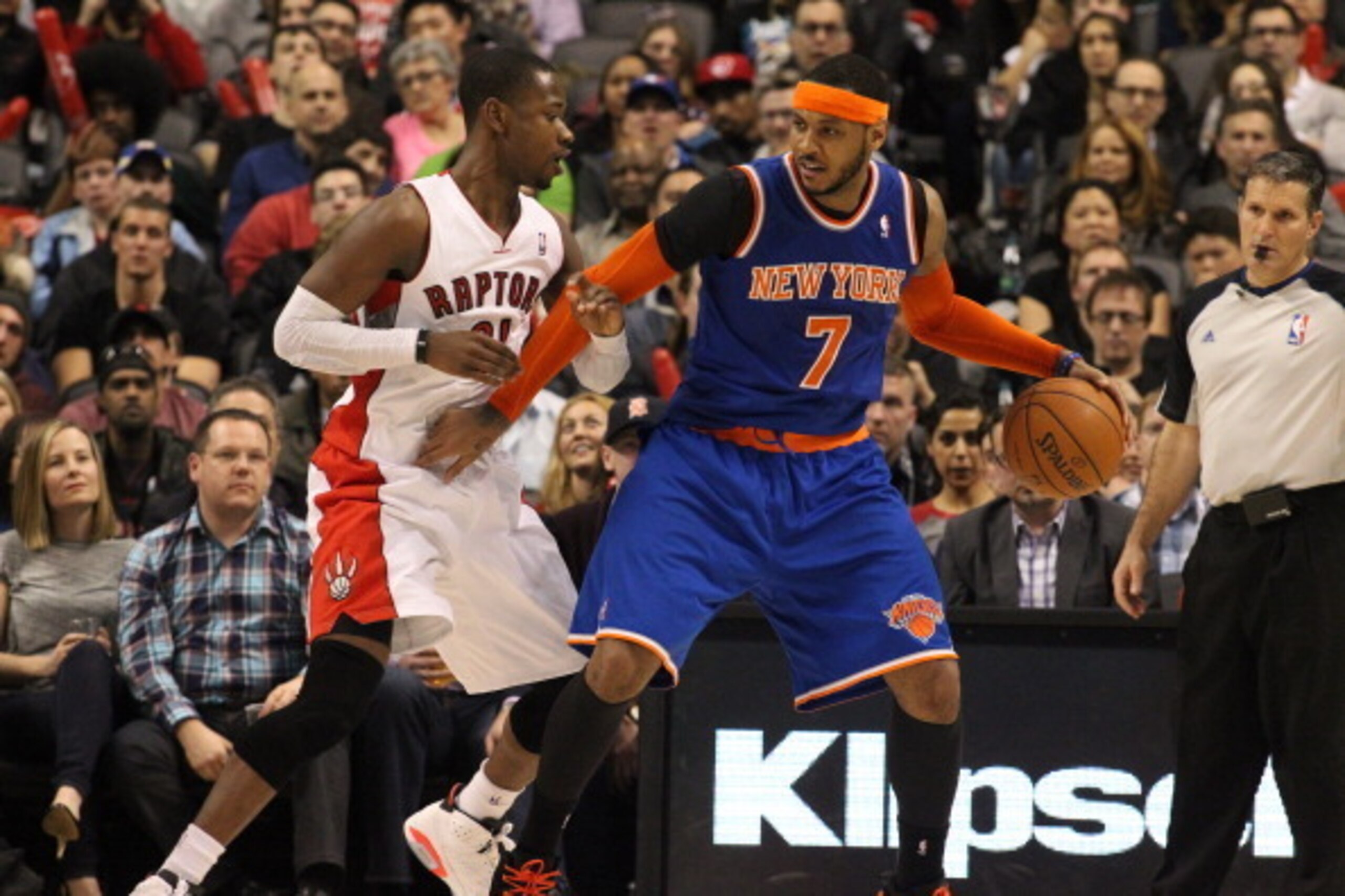 TORONTO,ON - APRIL 11:  Carmelo Anthony #7 of the New York Knicks looks to drive against the Toronto Raptors at the Air Canada Centre on April 11, 2014 in Toronto, Ontario, Canada. NOTE TO USER: User expressly acknowledges and agrees that, by downloading 