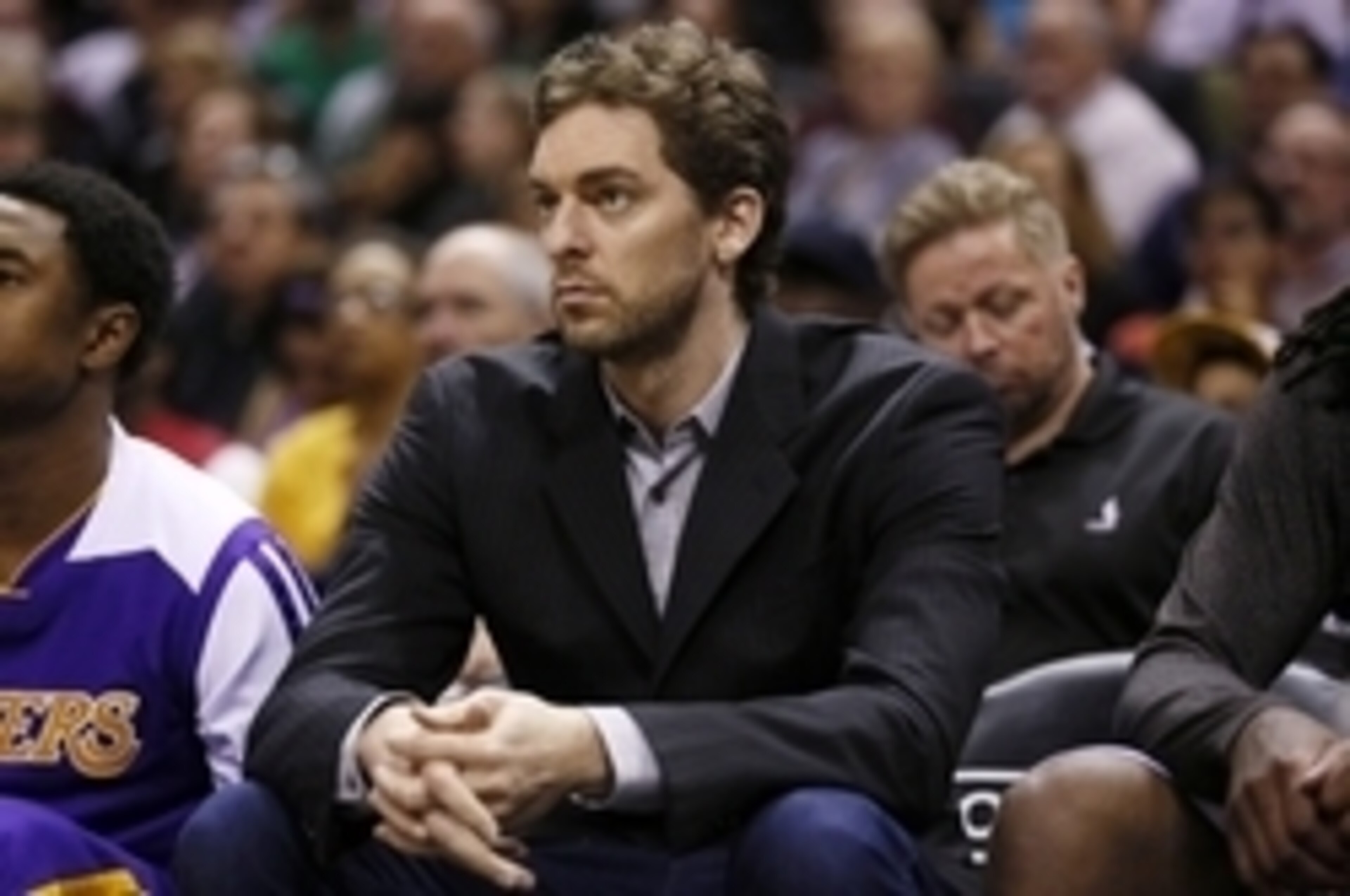 Apr 16, 2014; San Antonio, TX, USA; Los Angeles Lakers center Pau Gasol (16) watches from the bench against the San Antonio Spurs during the second half at AT&T Center. The Lakers won 113-100. Mandatory Credit: Soobum Im-USA TODAY Sports Apr 16, 2014; San Antonio, TX, USA; Los Angeles Lakers center Pau Gasol (16) watches from the bench against the San Antonio Spurs during the second half at AT&T Center. The Lakers won 113-100. Mandatory Credit: Soobum Im-USA TODAY Sports