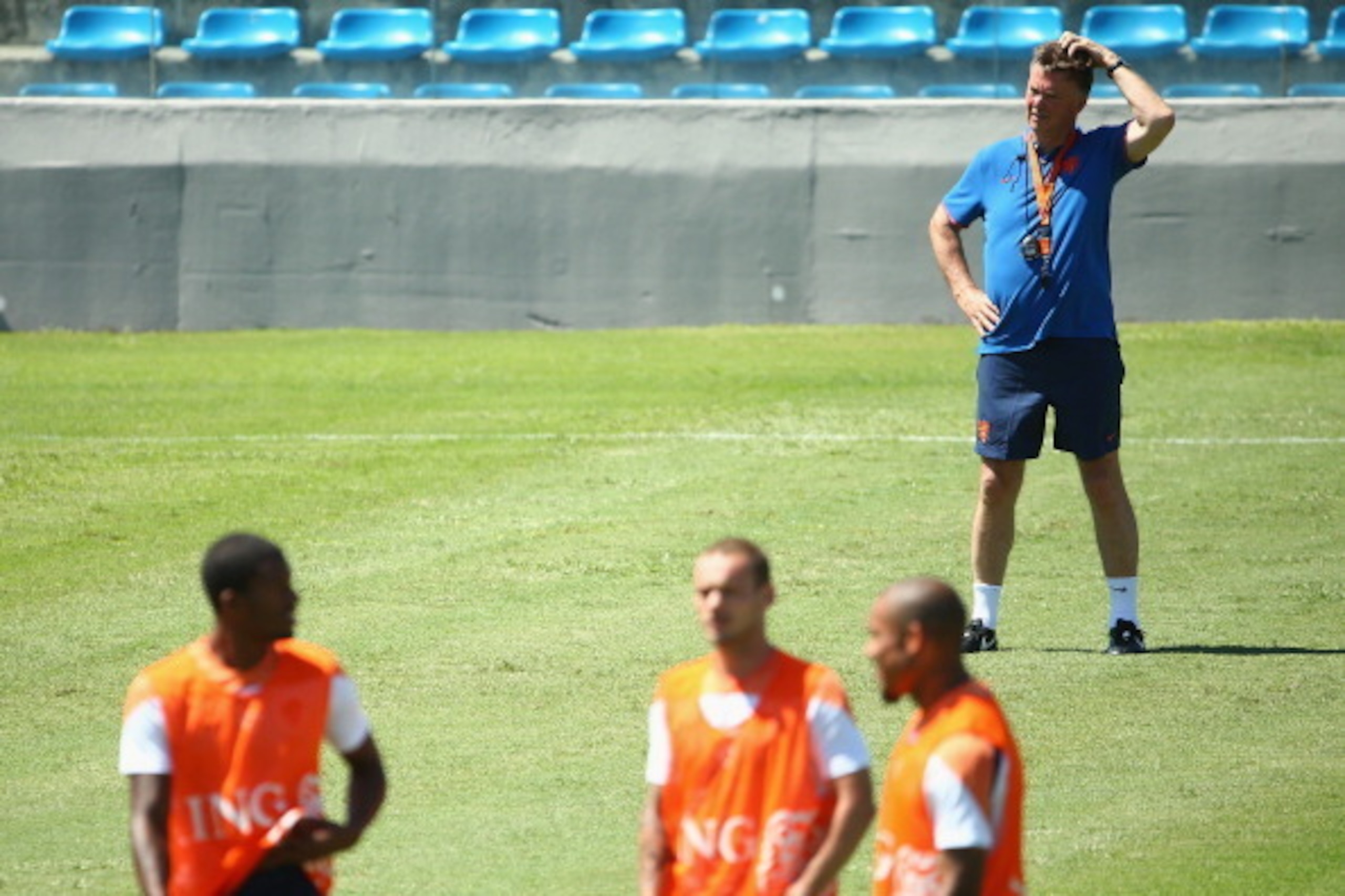 FORTALEZA, BRAZIL - JUNE 28:  Louis van Gaal, manager of Netherlands looks on during the Netherlands training session at the 2014 FIFA World Cup Brazil held at Estadio Presidente Vargas on June 28, 2014 in Fortaleza, Brazil.  (Photo by Robert Cianflone/Ge