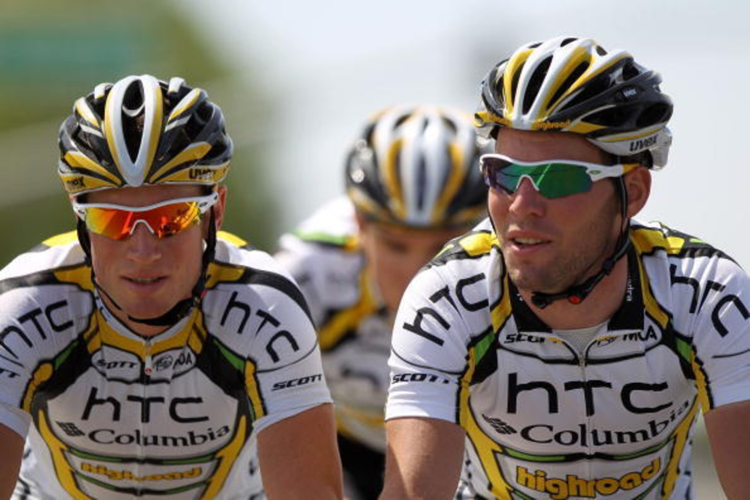 SACRAMENTO, CA - MAY 15:  (L-R) Mark Renshaw of Australia and Mark Cavendish of Great Britain of the HTC-Columbia Team take a training ride in preparation for the 2010 Tour of California on May 15, 2010 in Sacramento, California.  (Photo by Doug Pensinger