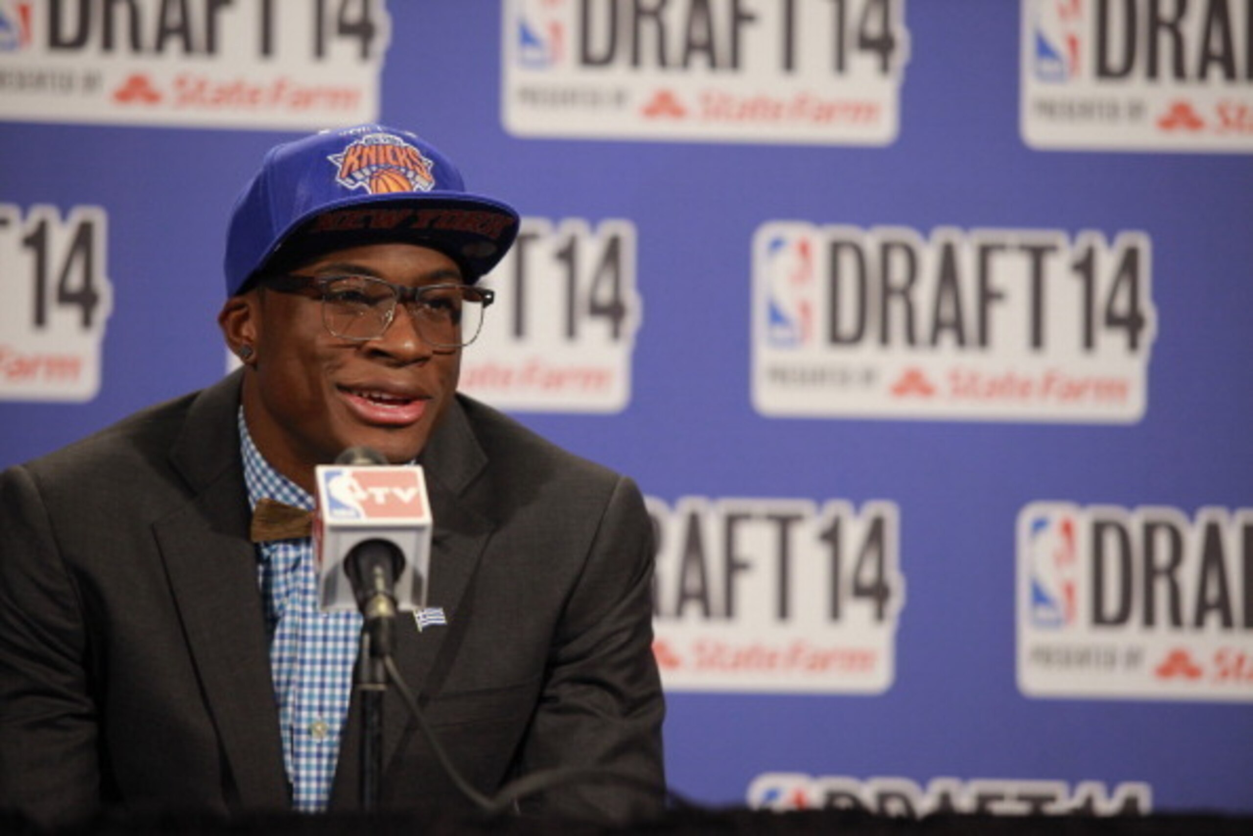 NEW YORK - JUNE 26: Thanasis Antetokounmpo addresses the media after being selected 51st overall by the New York Knicks during the 2014 NBA Draft on June 26, 2014 at the Barclays Center in Brooklyn, New York. NOTE TO USER: User expressly acknowledges and 