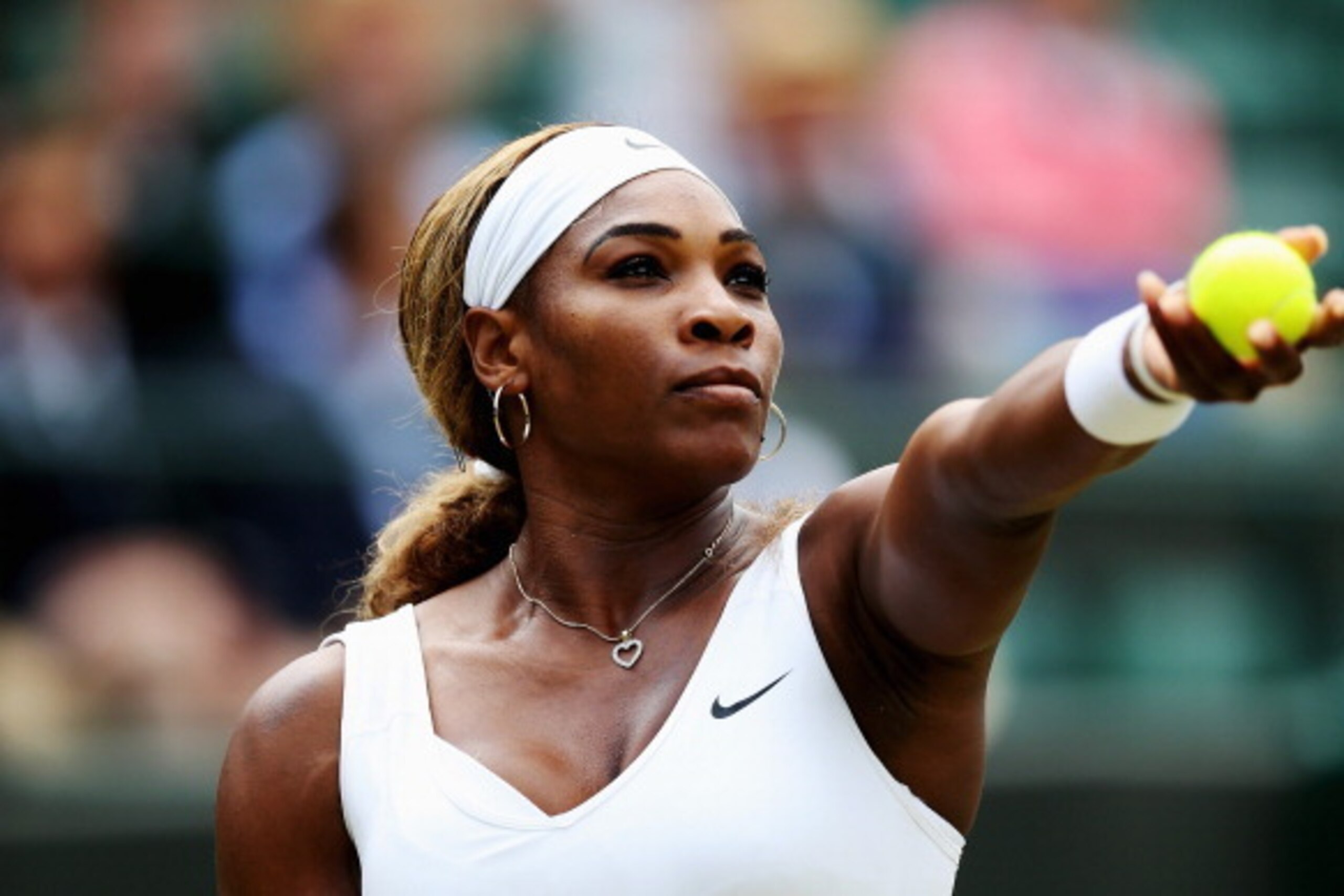 LONDON, ENGLAND - JUNE 28: Serena Williams of the United States prepares to serve during her Ladies' Singles third round match against Alize Cornet of France on day six of the Wimbledon Lawn Tennis Championships at the All England Lawn Tennis and Croquet LONDON, ENGLAND - JUNE 28: Serena Williams of the United States prepares to serve during her Ladies' Singles third round match against Alize Cornet of France on day six of the Wimbledon Lawn Tennis Championships at the All England Lawn Tennis and Croquet