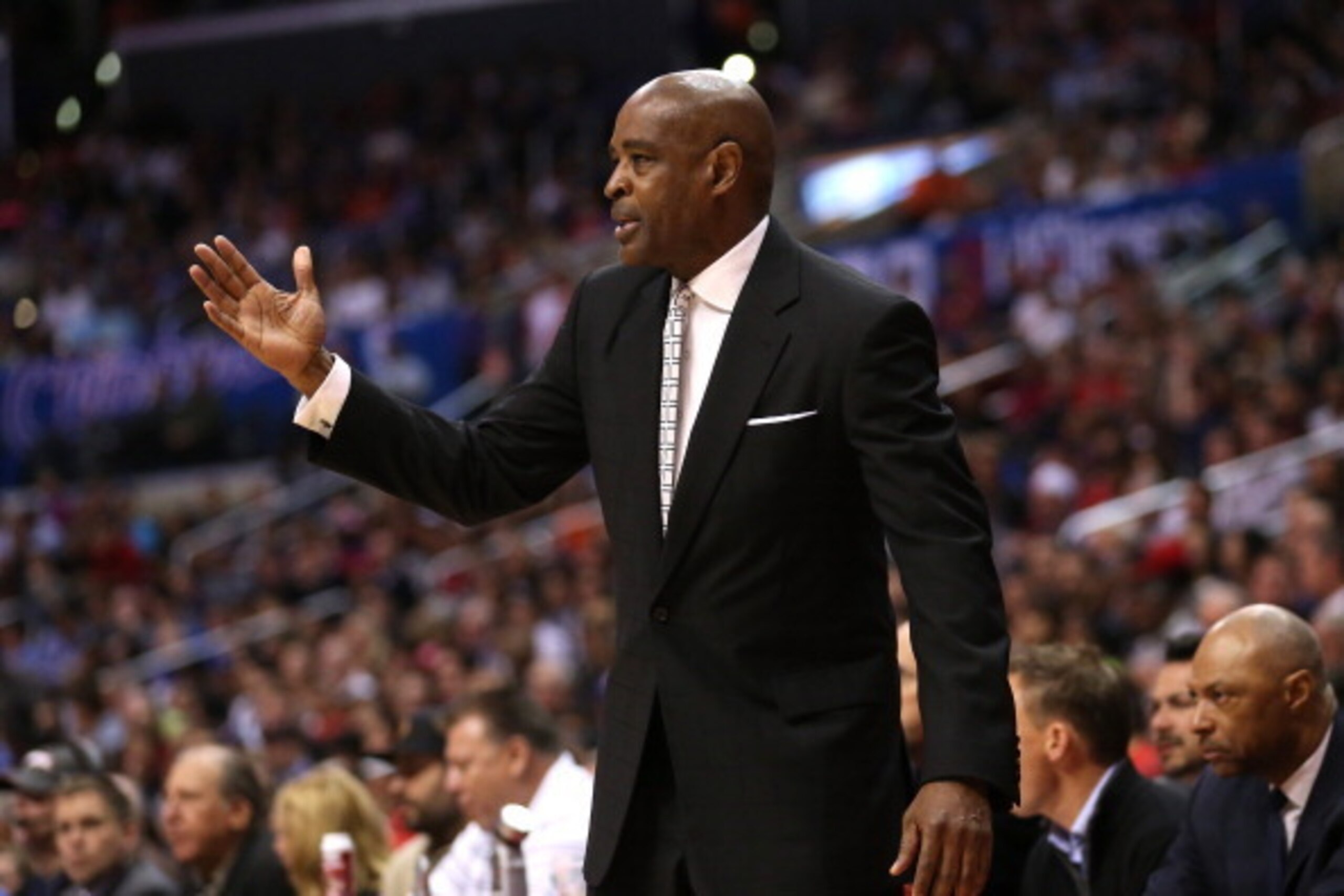 LOS ANGELES, CA - MARCH 24:  Head coach Larry Drew of the Milwaukee Bucks gestures during the game with the Los Angeles Clippers at Staples Center on March 24, 2014 in Los Angeles, California.  NOTE TO USER: User expressly acknowledges and agrees that, by