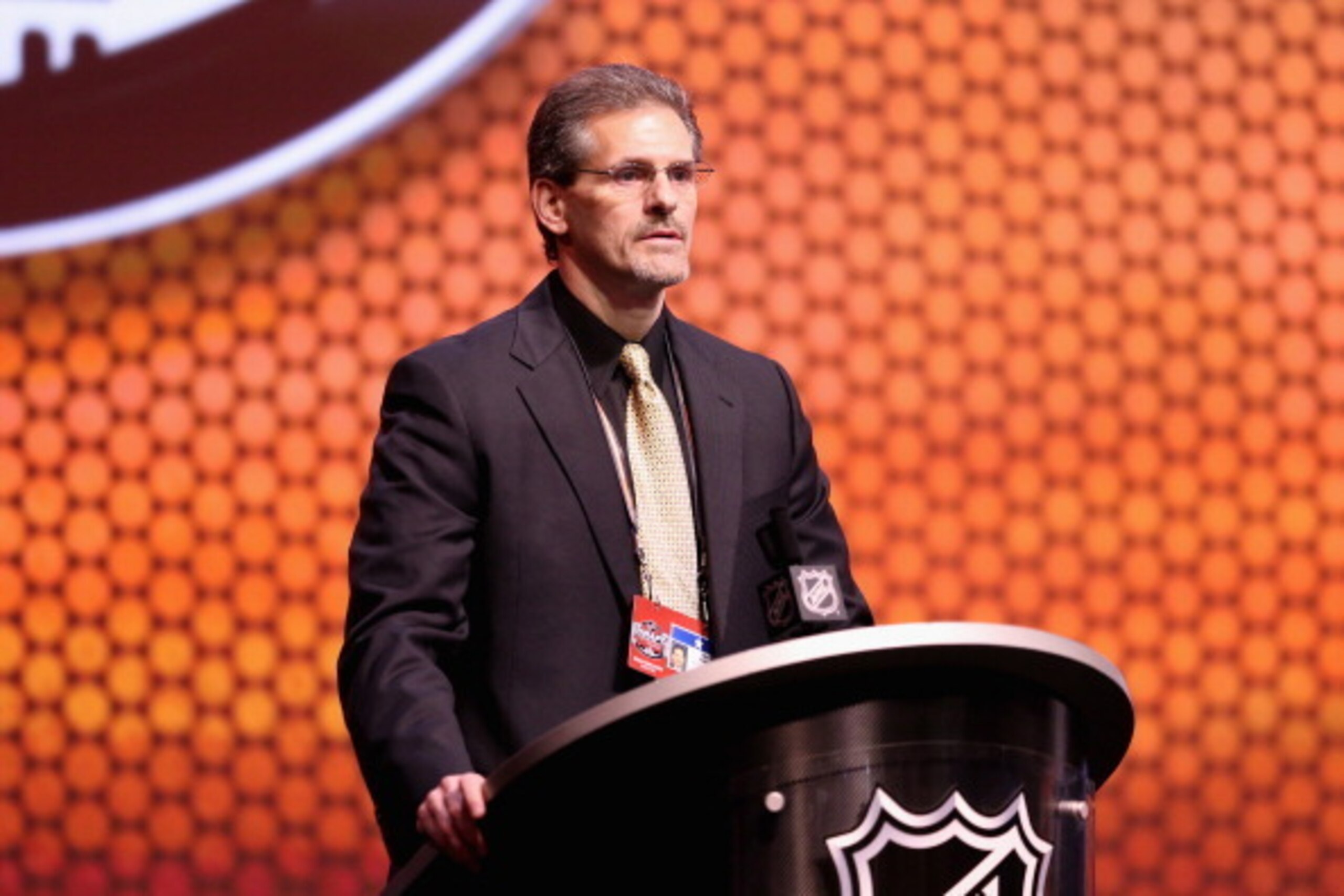PHILADELPHIA, PA - JUNE 27:  Ron Hextall, General Manager of the Philadelphia Flyers, speaks during the first round of the 2014 NHL Draft at the Wells Fargo Center on June 27, 2014 in Philadelphia, Pennsylvania.  (Photo by Mitchell Leff/Getty Images)