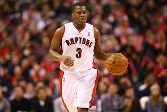 Feb 3, 2013; Toronto, ON, Canada; Toronto Raptors guard Kyle Lowry (3) brings the ball up the court against the Miami Heat at the Air Canada Centre. The Heat beat the Raptors 100-85. Mandatory Credit: Tom Szczerbowski-USA TODAY Sports