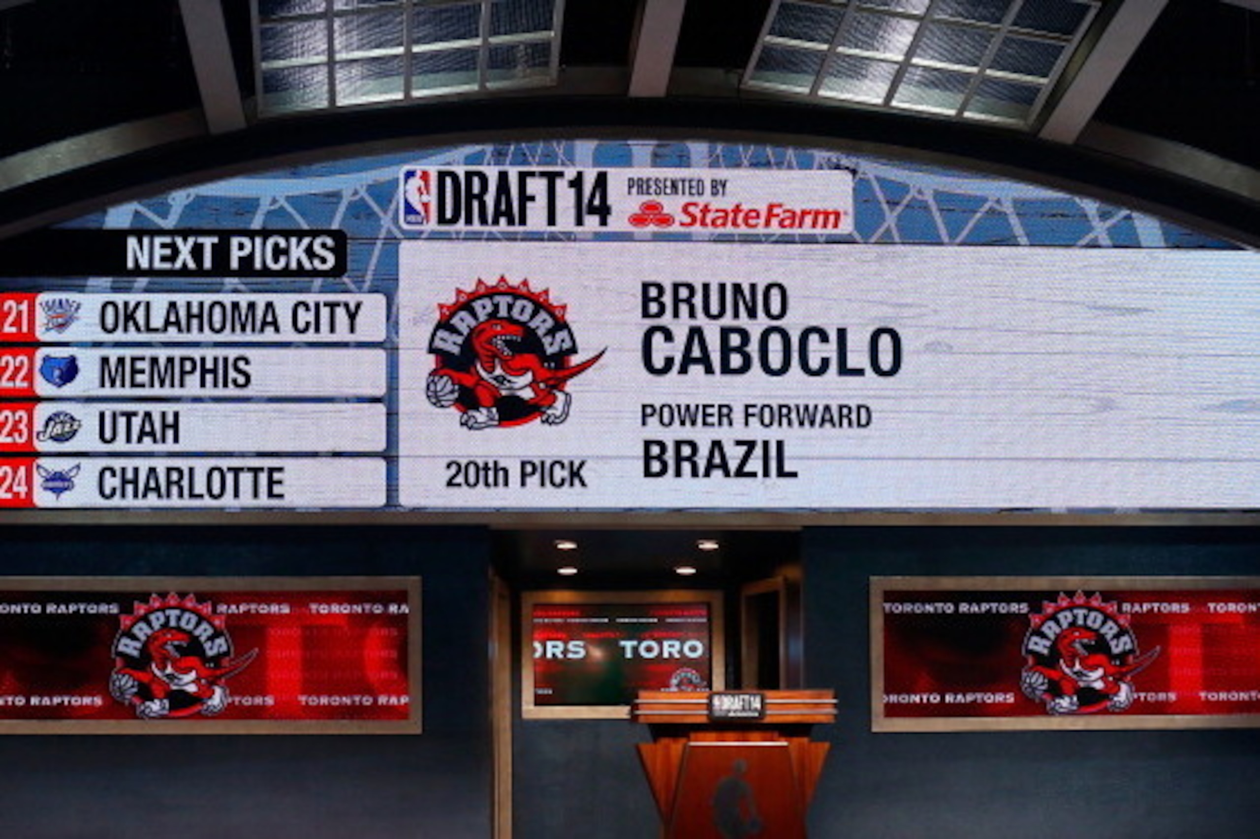NEW YORK, NY - JUNE 26:  A video screen shows the selection of Bruno Caboclo of Brazil as the #20 overall pick in the first round by the Toronto Rapters during the 2014 NBA Draft at Barclays Center on June 26, 2014 in the Brooklyn borough of New York City