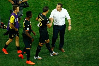 SAO PAULO, BRAZIL - JUNE 26:  Head coach Marc Wilmots and Daniel Van Buyten of Belgium celebrate victory after the 2014 FIFA World Cup Brazil Group H match between South Korea and Belgium at Arena de Sao Paulo on June 26, 2014 in Sao Paulo, Brazil.  (Phot