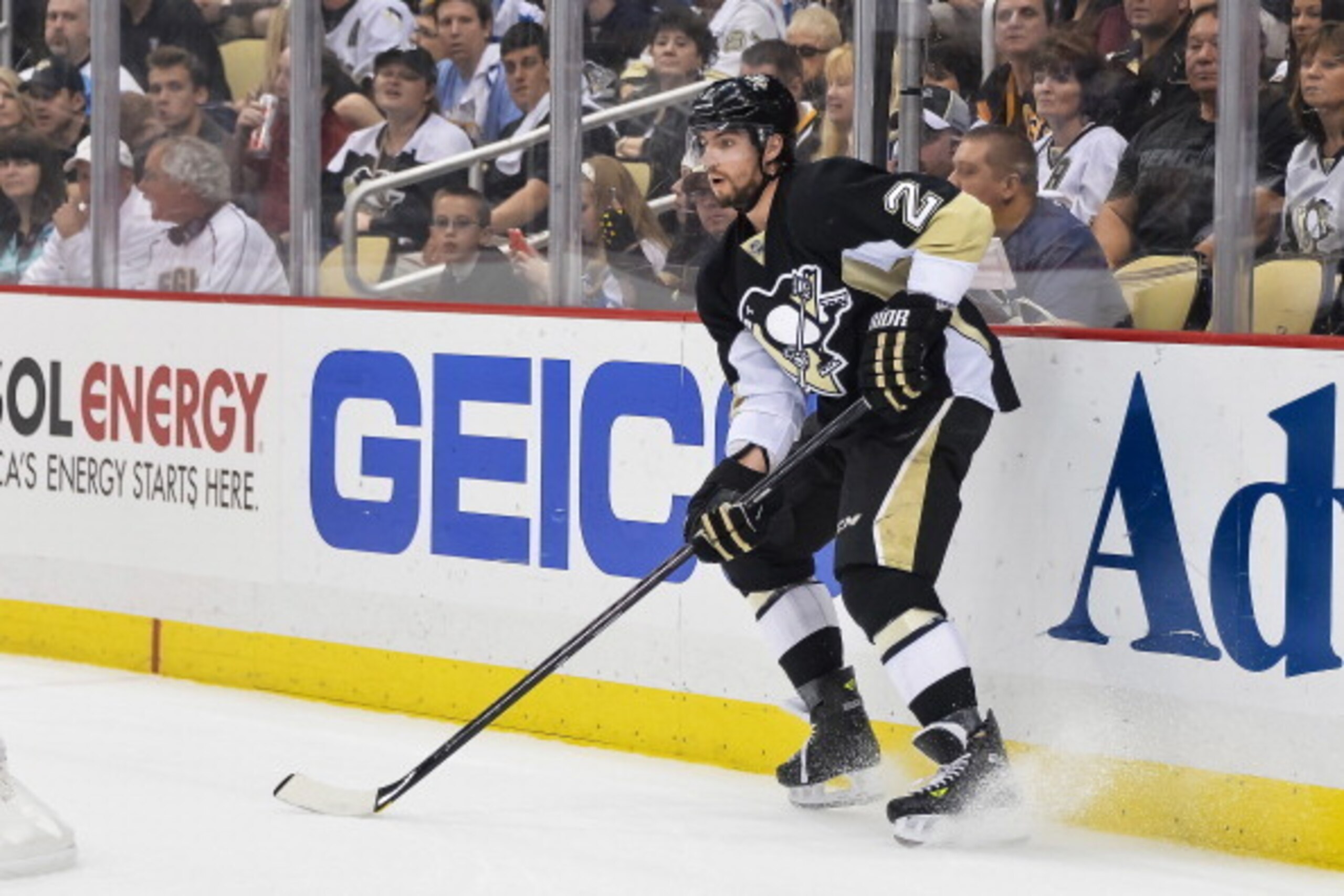 PITTSBURGH, PA - MAY 13:  Matt Niskanen #2 of the Pittsburgh Penguins skates with the puck against the New York Rangers in Game Seven of the Second Round of the 2014 NHL Stanley Cup Playoffs on May 13, 2014 at CONSOL Energy Center in Pittsburgh, Pennsylva