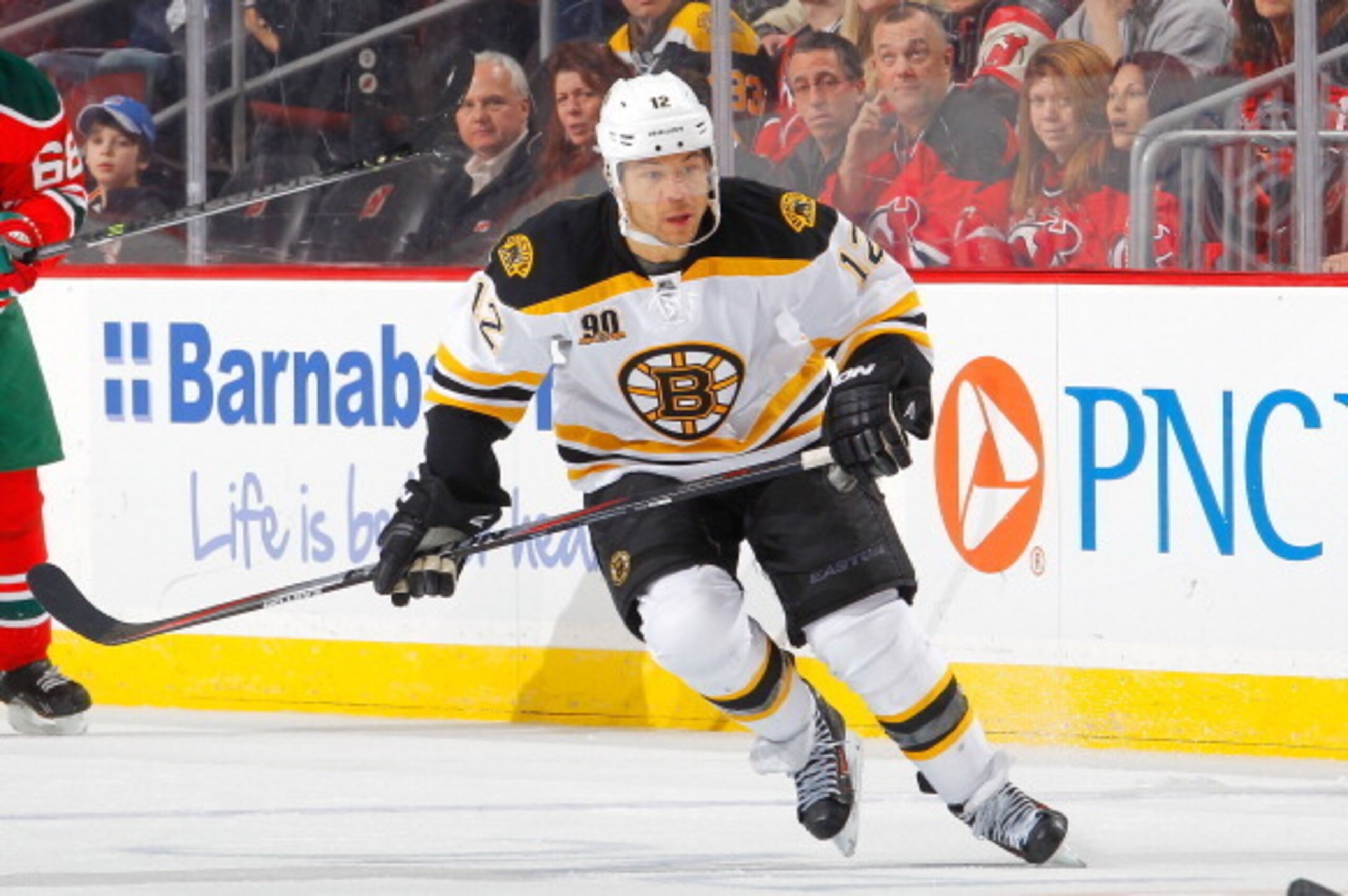 NEWARK, NJ - MARCH 18:  Jarome Iginla #12 of the Boston Bruins in action against the New Jersey Devils at the Prudential Center on March 18, 2014 in Newark, New Jersey. The Bruins defeated the Devils 4-2.  (Photo by Jim McIsaac/Getty Images)