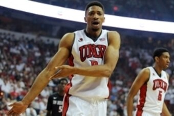 Mar 5, 2014; Las Vegas, NV, USA; UNLV Runnin' Rebels forward Khem Birch (2) argues against a call during an NCAA men's basketball game against the San Diego State Aztecs at Thomas and Mack Center. The Aztecs won the game 73-64. Mandatory Credit: Stephen R