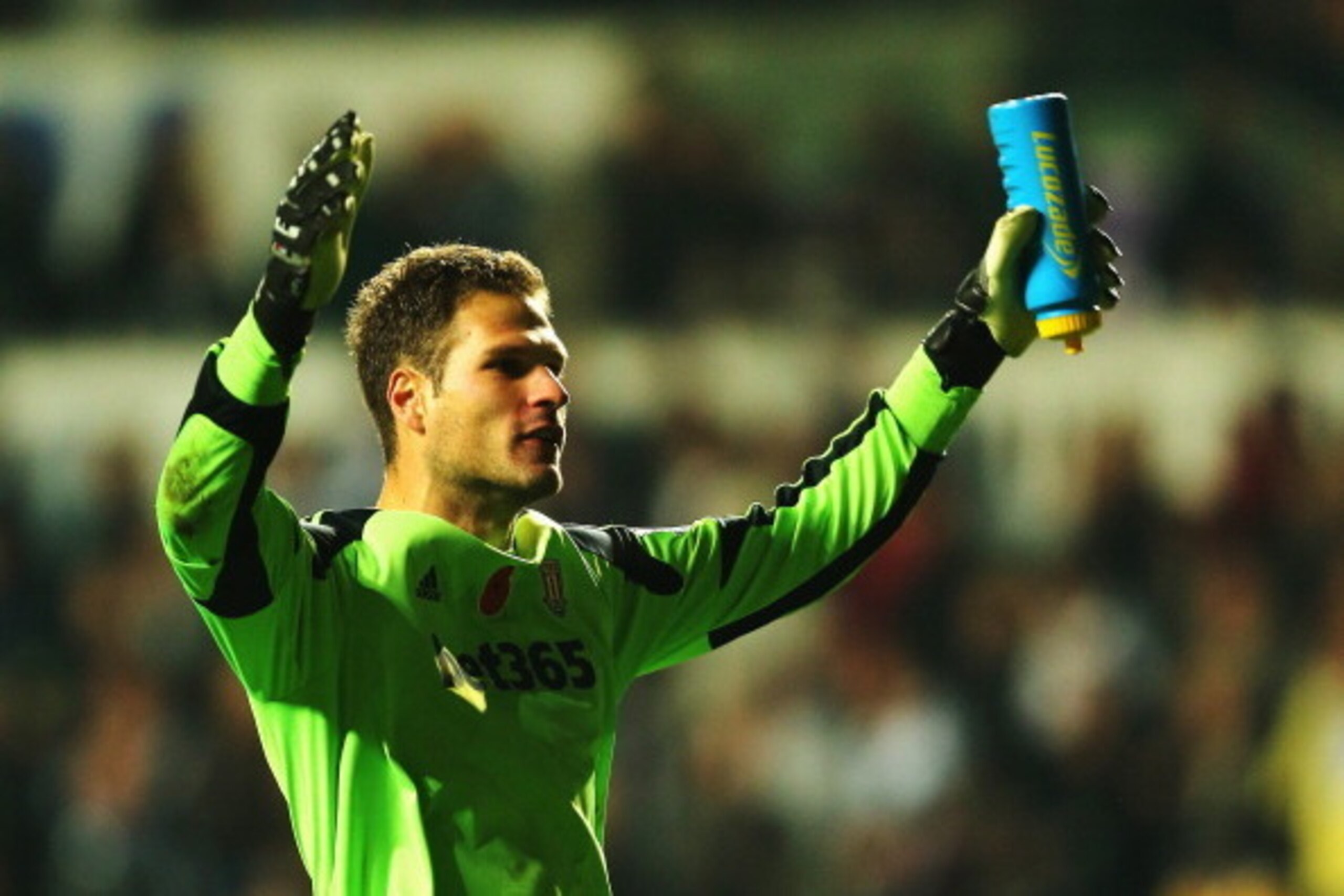 SWANSEA, WALES - NOVEMBER 10:  Asmir Begovic of Stoke City celebrates his sides equaliser during the Barclays Premier League match between Swansea City and Stoke City at Liberty Stadium on November 10, 2013 in Swansea, Wales.  (Photo by Clive Rose/Getty I